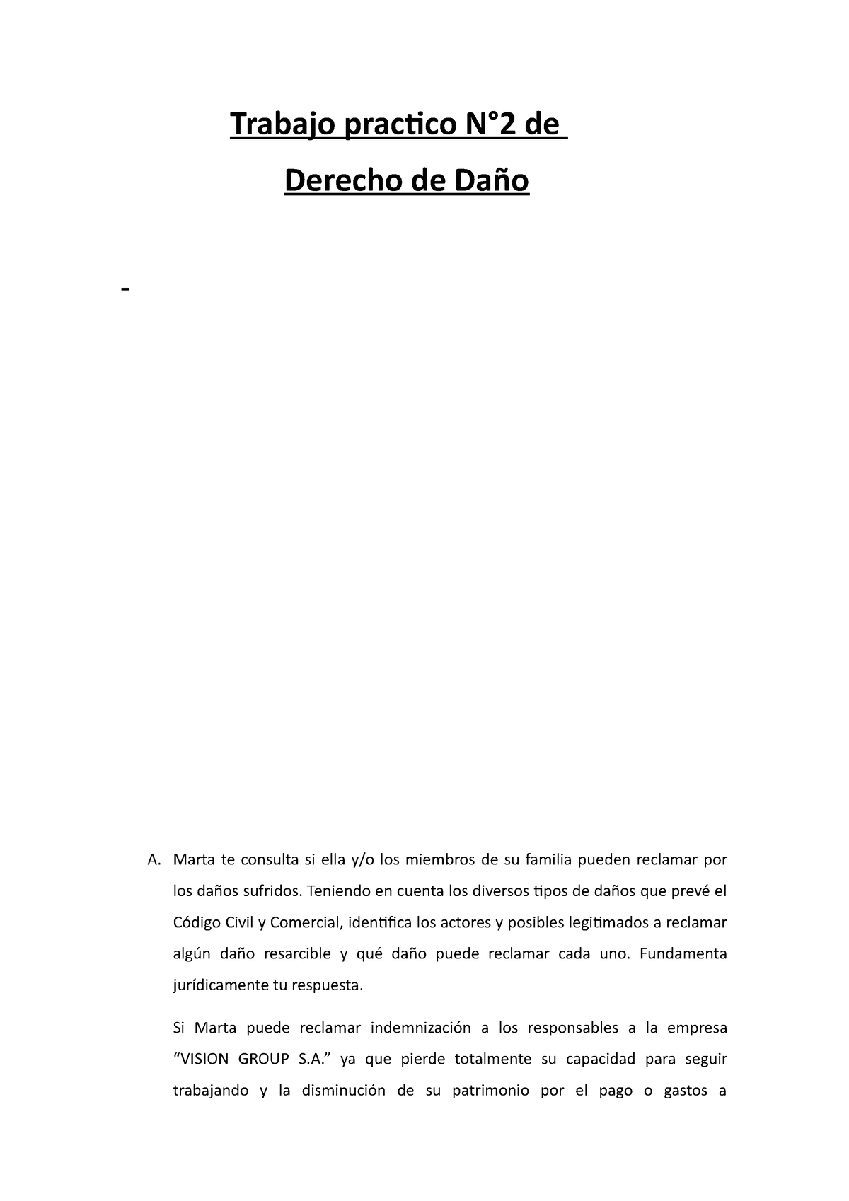 Trabajo Practico 2 De Derecho De Daño Trabajo Practico N°2 De Derecho