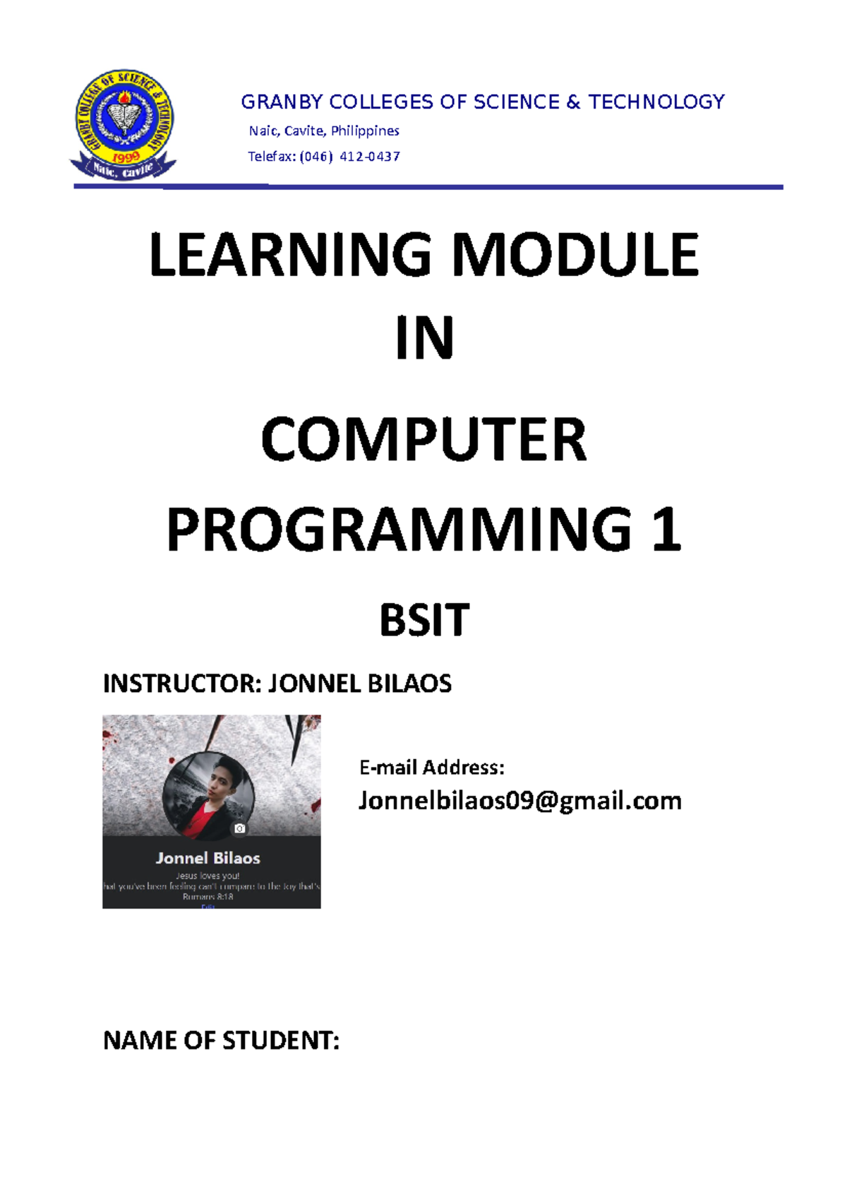 Com Prog 1 Modules - Basic Programming - GRANBY COLLEGES OF SCIENCE ...