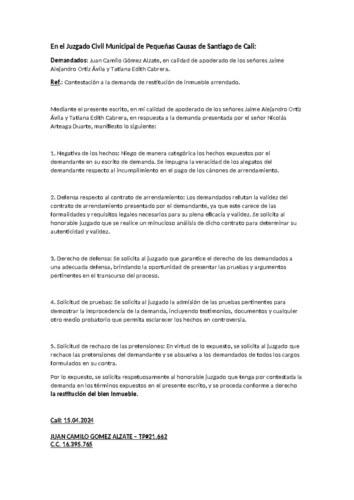 Contestacion Demanda DE Restitucion Brian - En el Juzgado Civil ...