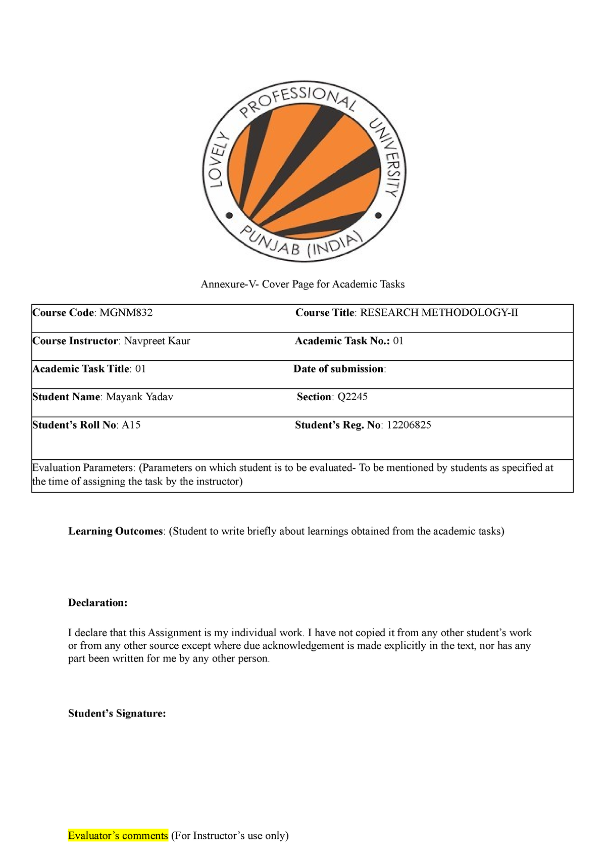 Mayank Yadav RM CA11 AnnexureV Cover Page for Academic Tasks