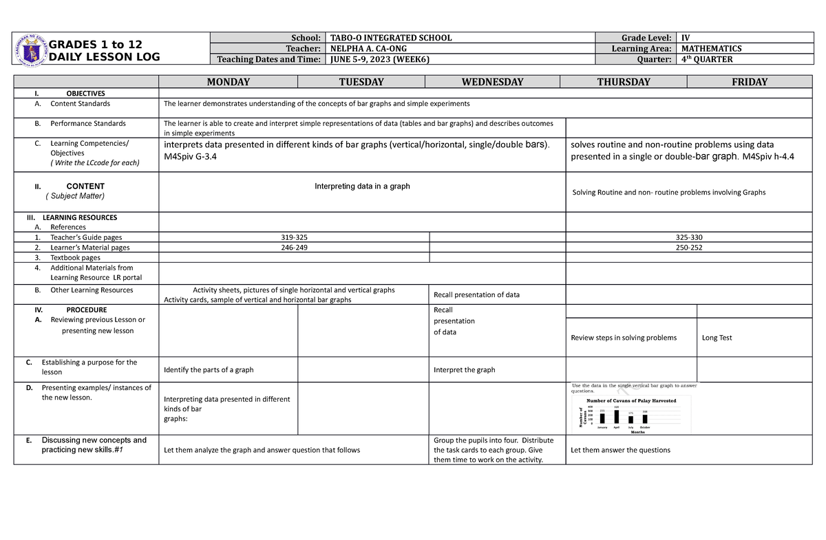 DLL Mathematics 4 Q4 W6 - IMs - GRADES 1 To 12 DAILY LESSON LOG School ...