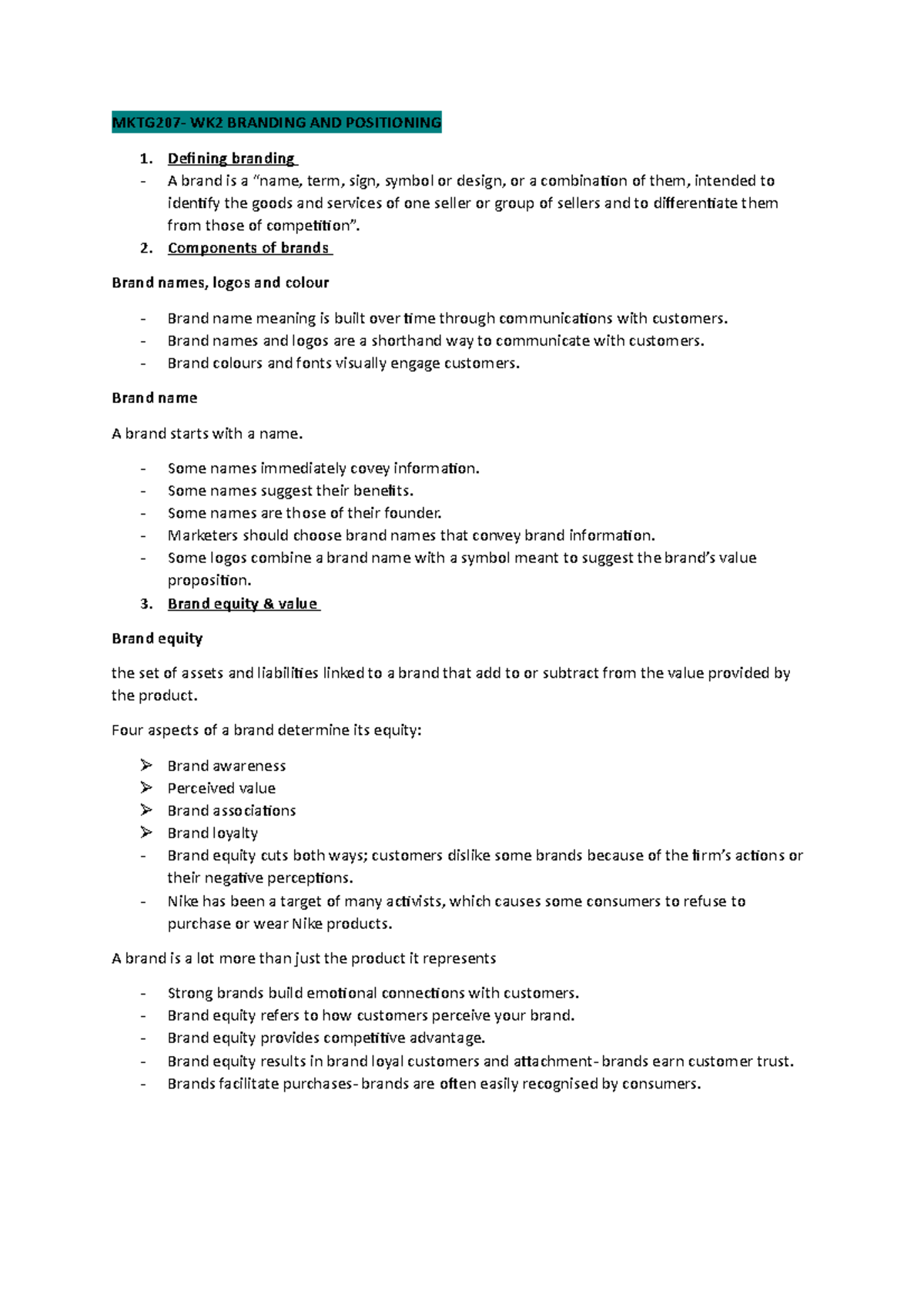 MKTG207 WK2 - week two lecture notes - MKTG207- WK2 BRANDING AND ...
