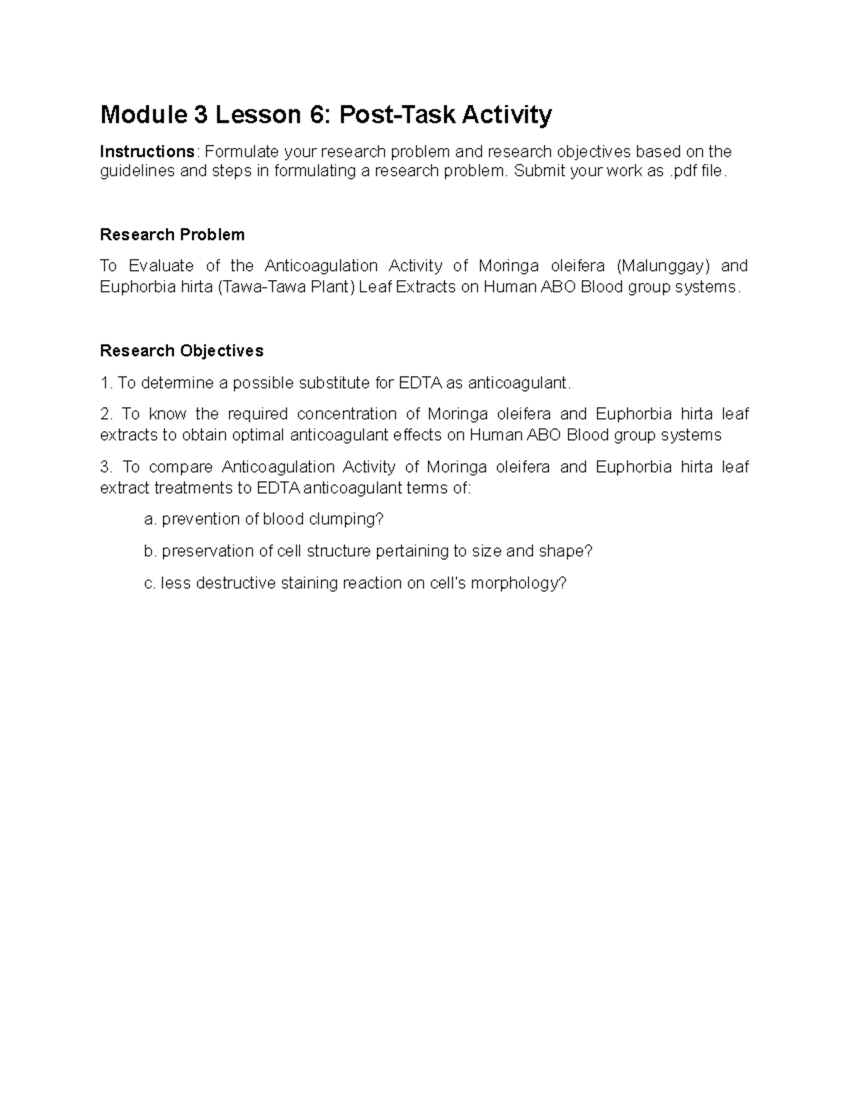 Module 3 Lesson 6 PostTask Activity Module 3 Lesson 6 PostTask Activity Instructions