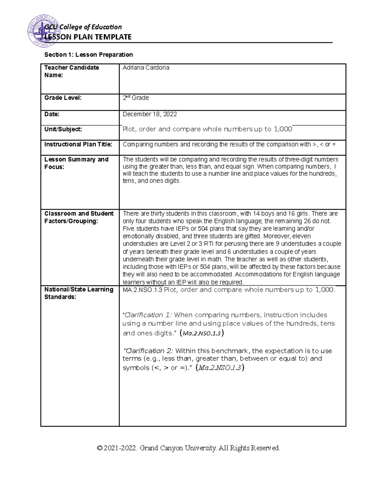 ELM-470 Lesson Planning; Promoting Mathematical Thinking - LESSON PLAN ...