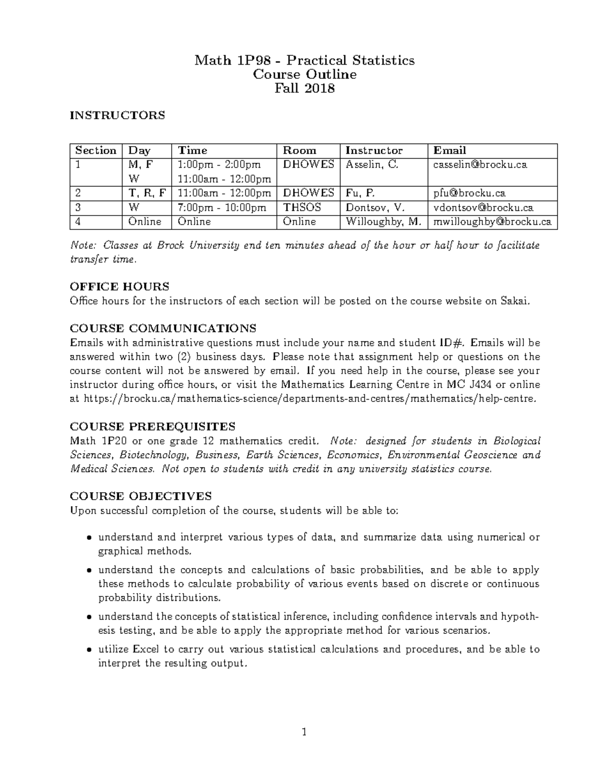 MATH 1P98 Fall 2018 Syllabus - Math 1P98 - Practical Statistics Course ...