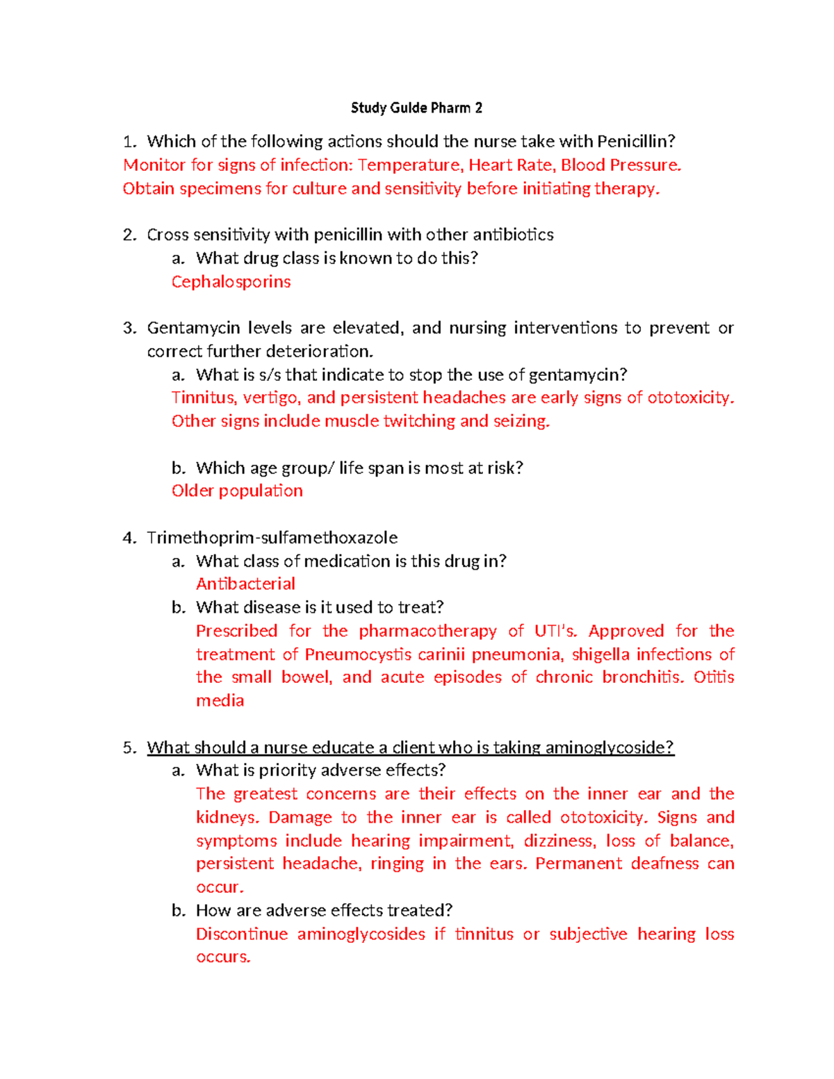 Study Guide Pharm 2 - Obtain specimens for culture and sensitivity ...