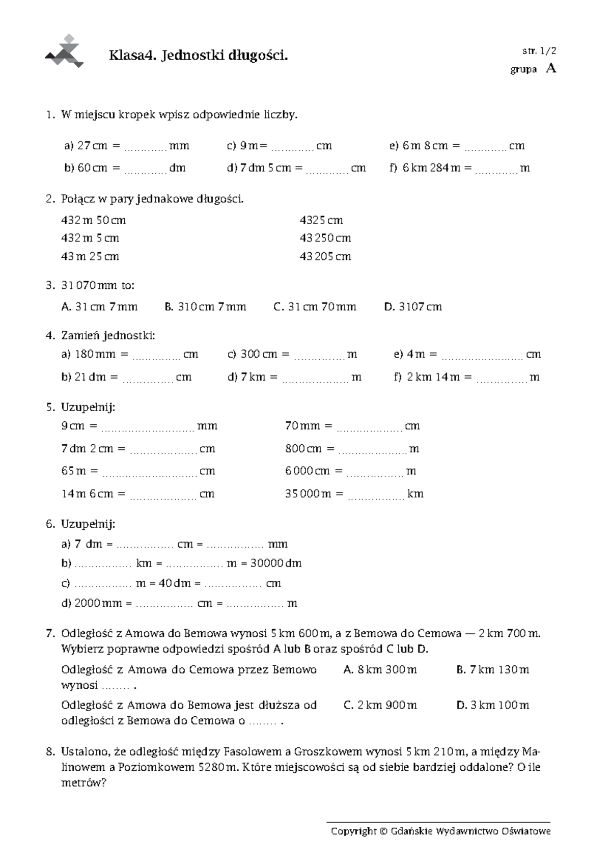 Mini Sprawdzian Z Przeliczania Jednostek