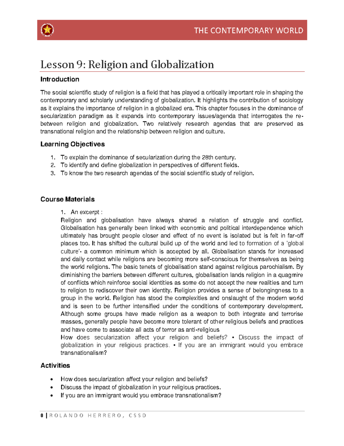 Lesson 9 - 11 Modules - Lesson 9: Religion and Globalization ...