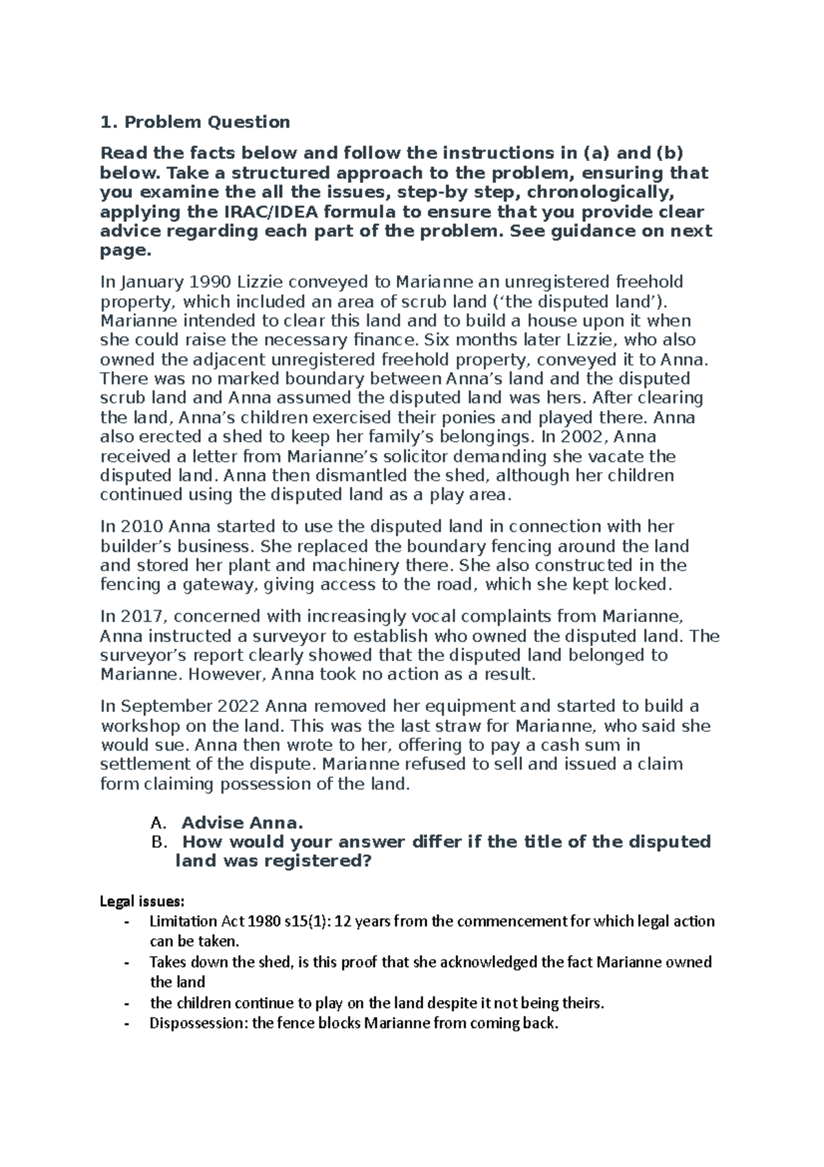 Land Law Seminar 2 land law Problem Question Read the facts below