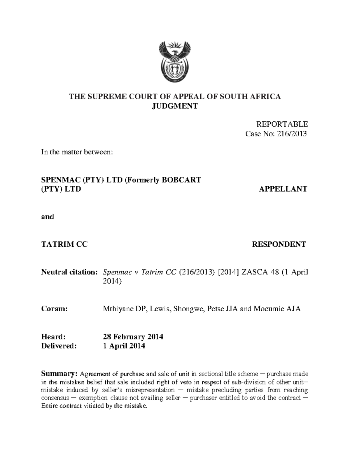 case law. the supreme judgement - THE SUPREME COURT OF APPEAL OF SOUTH ...