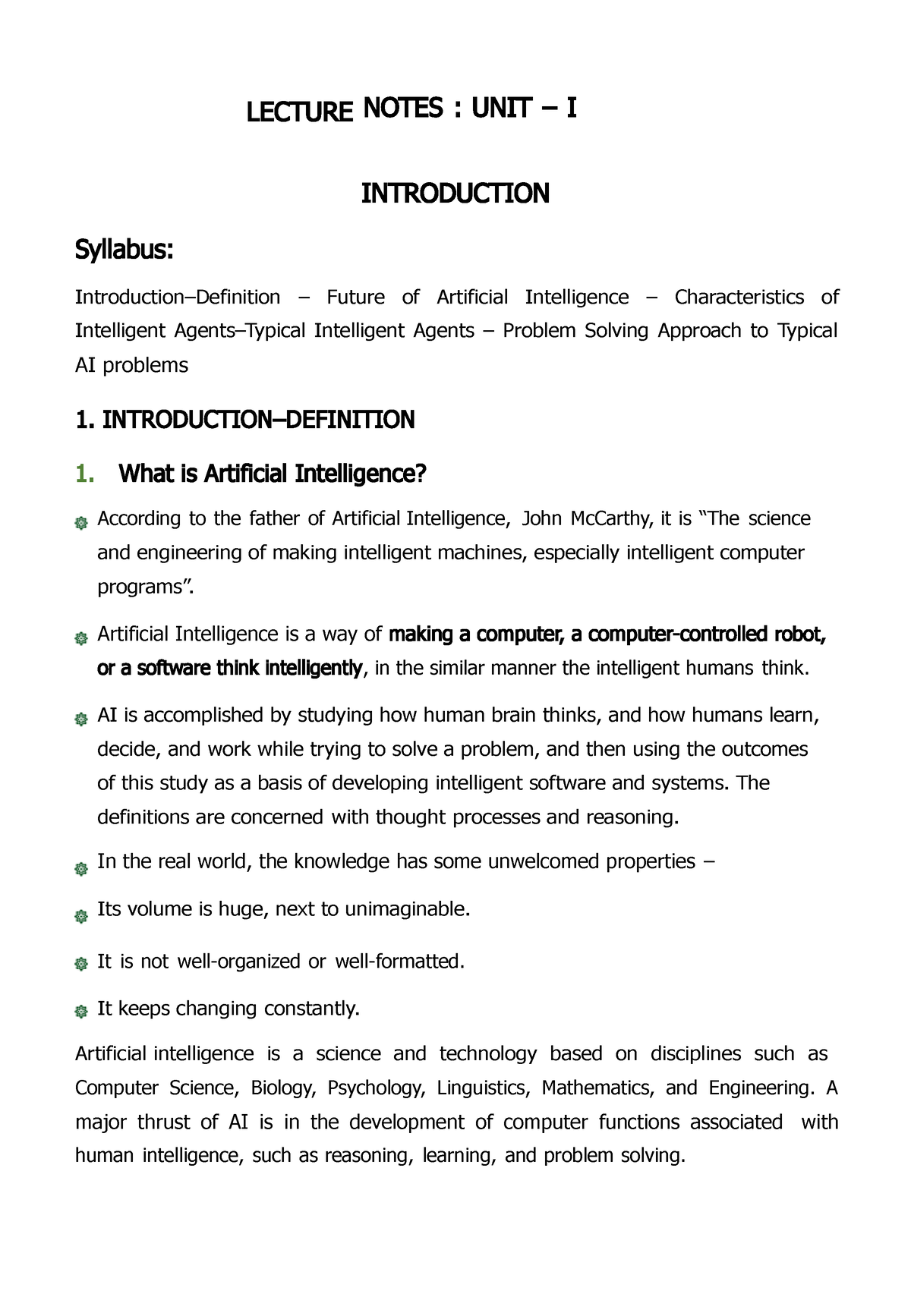 AI - Lecture Notes 1 - Artificial Intelligence - Studocu