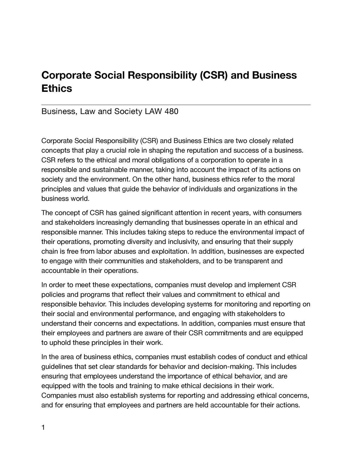 corporate social responsibility and business ethics essay