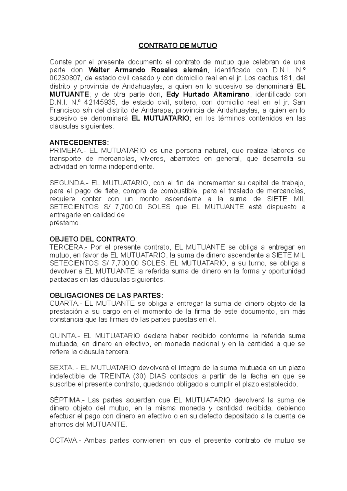 Contrato DE Mutuo - CONTRATO DE MUTUO Conste por el presente documento ...