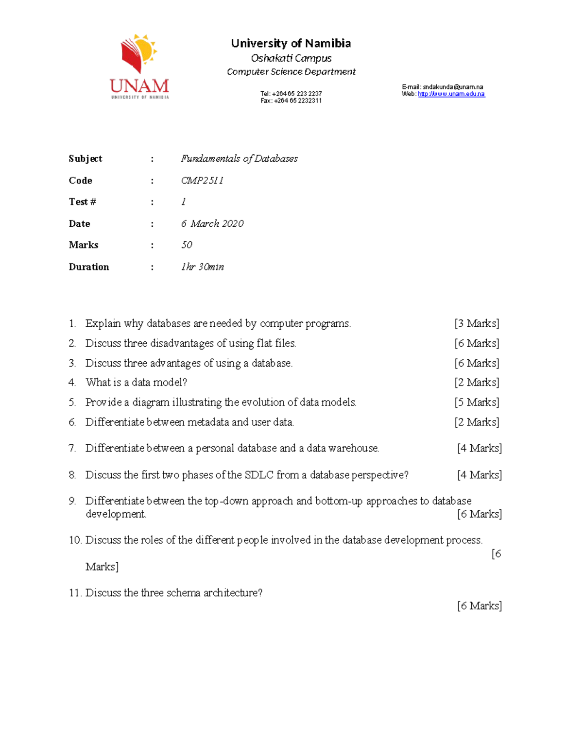 Test 1 - NONE - University of Namibia Oshakati Campus Computer Science ...
