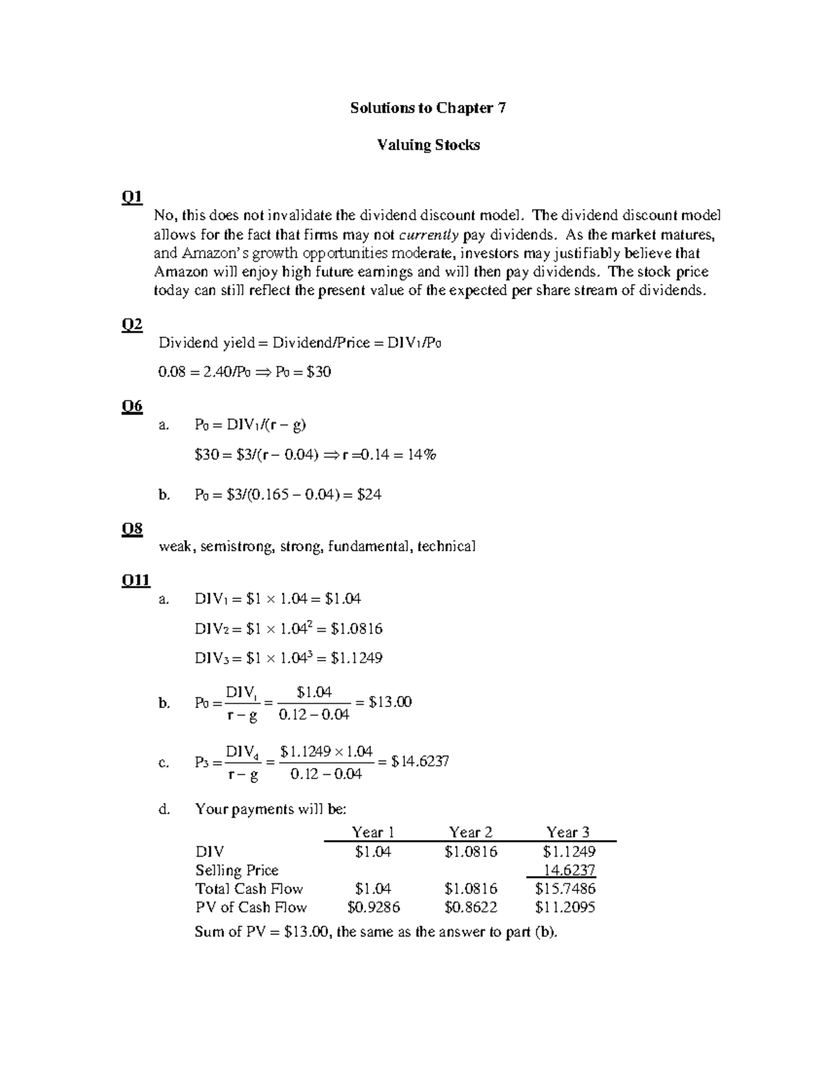 Ch07 - BMM 7th - Solutions To Chapter 7 Valuing Stocks Q No, This Does ...