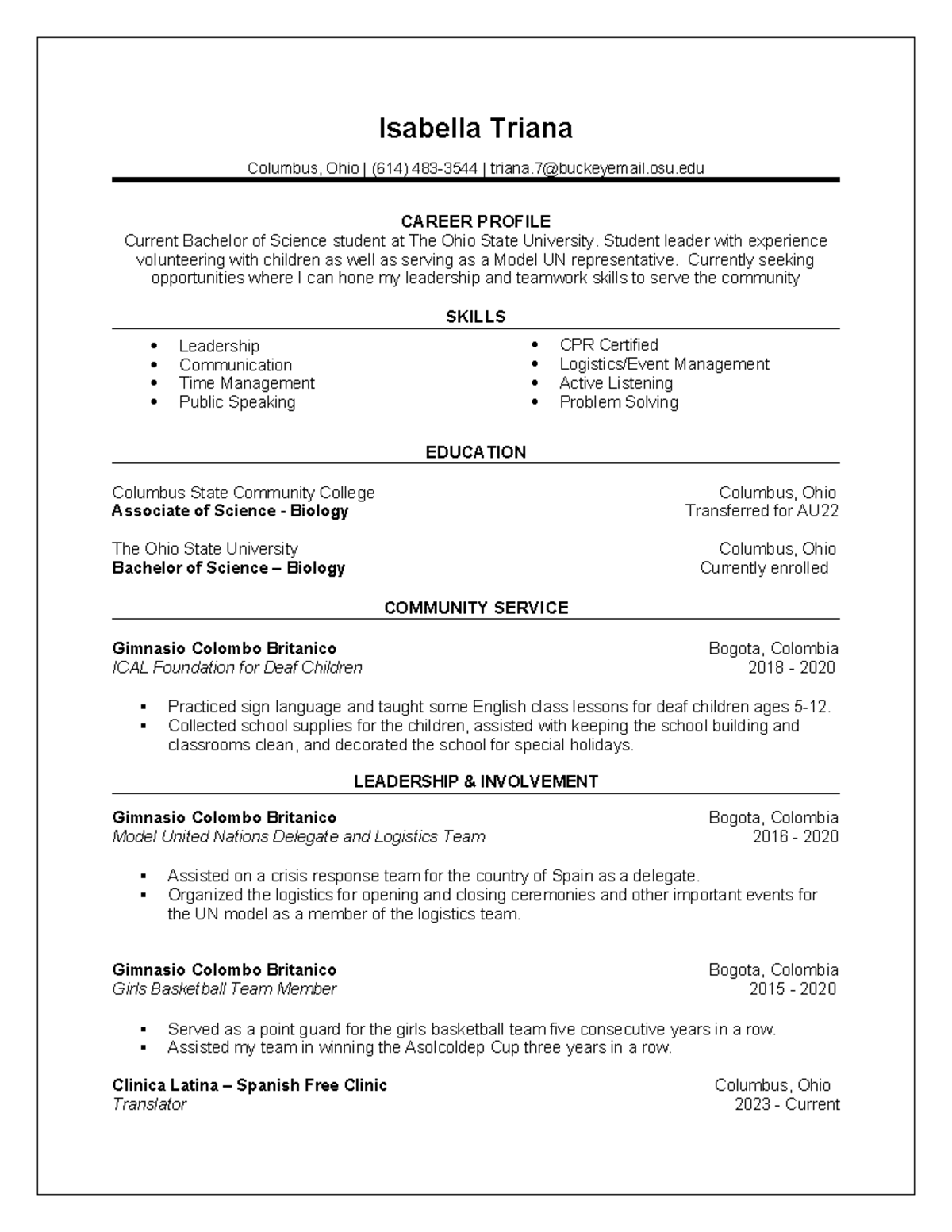 Isabella Triana Resume - Isabella Triana Columbus, Ohio | (614) 483 ...