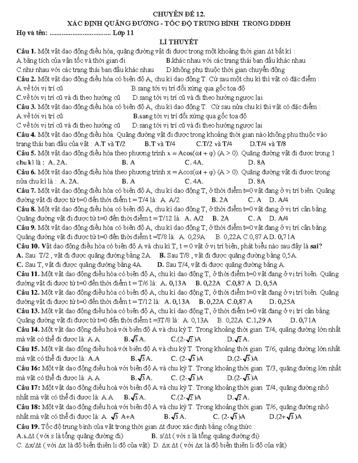 CD12 - Physic - CHUYÊN ĐỀ 12. XÁC ĐỊNH QUÃNG ĐƯỜNG - TỐC ĐỘ TRUNG BÌNH ...