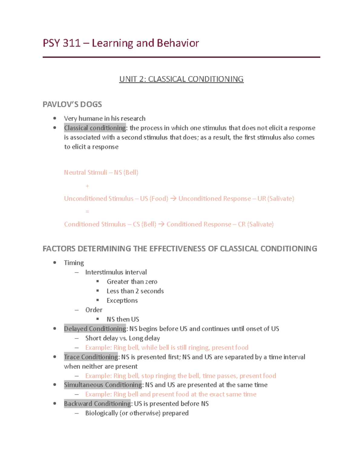 Unit 2 Classical Conditioning Psy 311 Learning And Behavior Unit 2