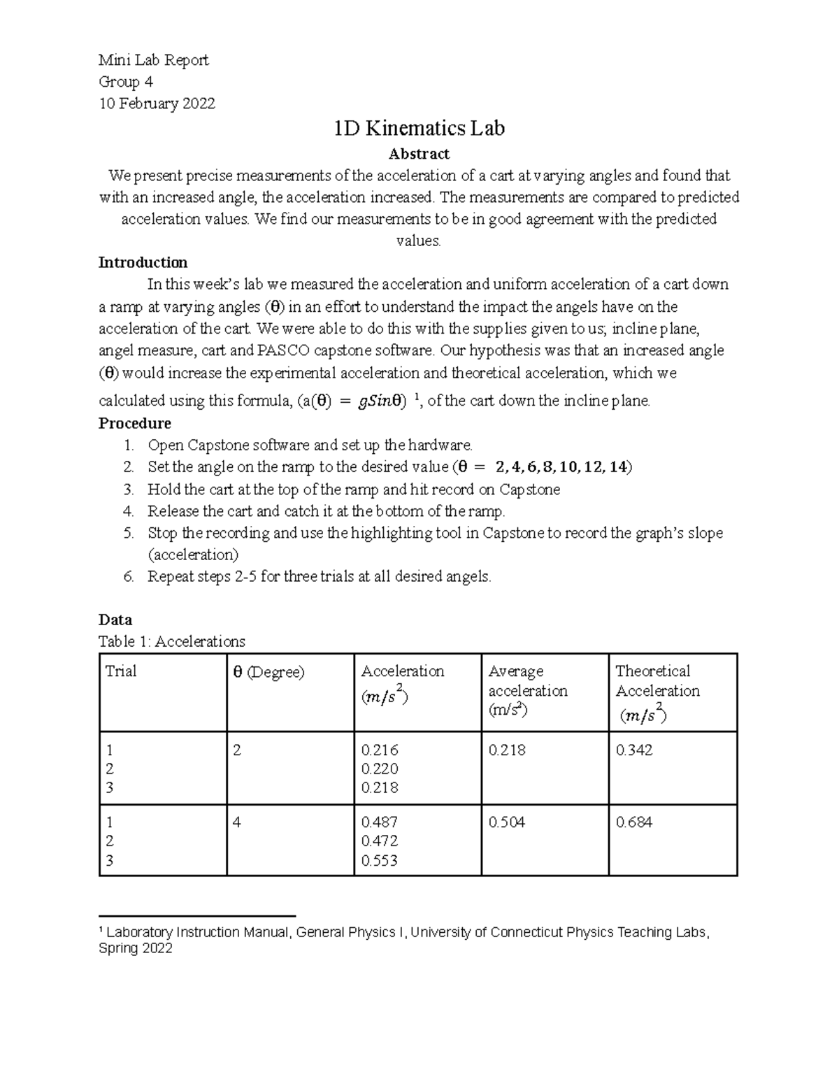 LAB 2 General Physics Mini Lab Report Group 4 10 February 2022 1D