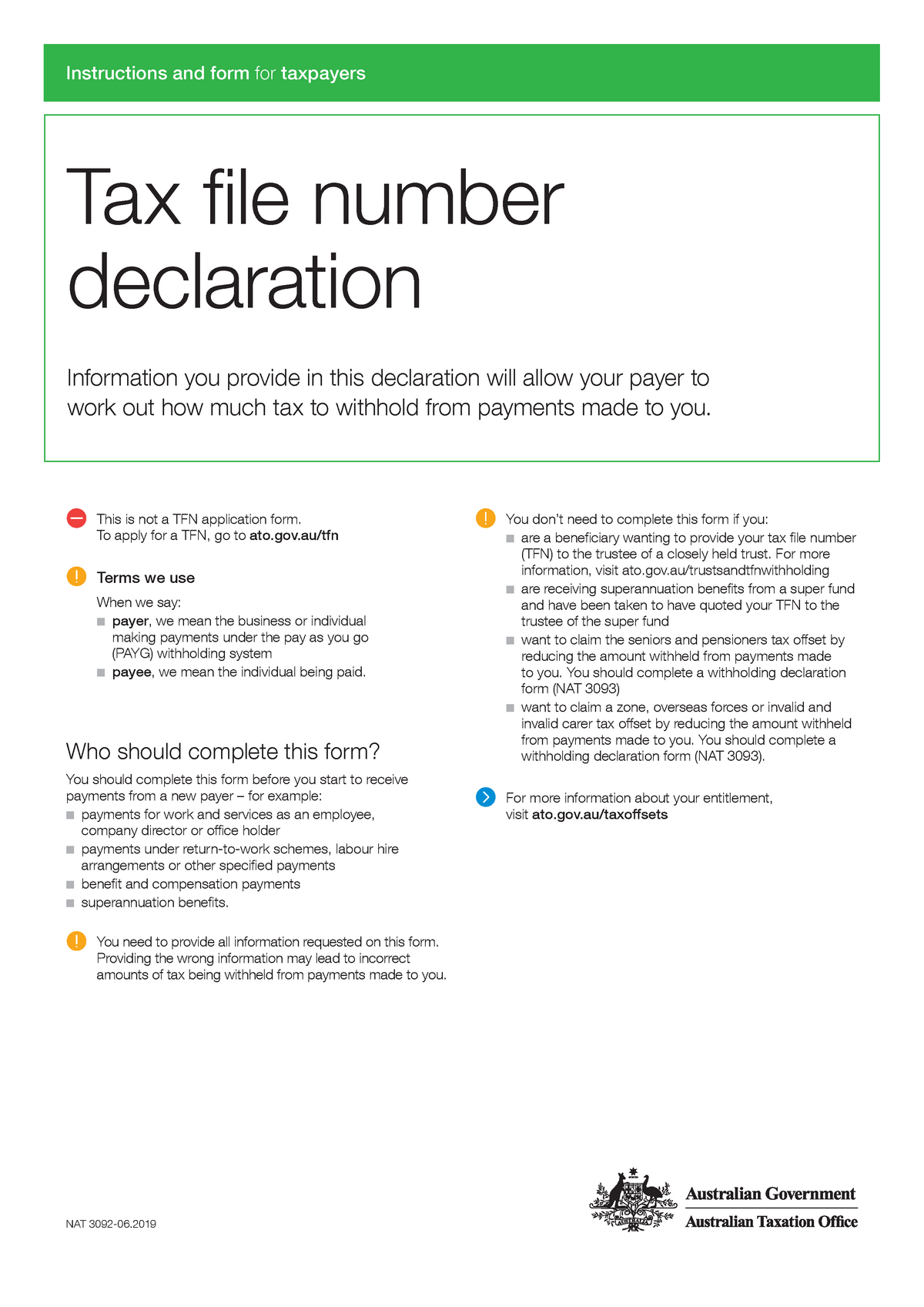 TFN Declaration Form N3092 NAT 3092 06 Instructions And Form For 