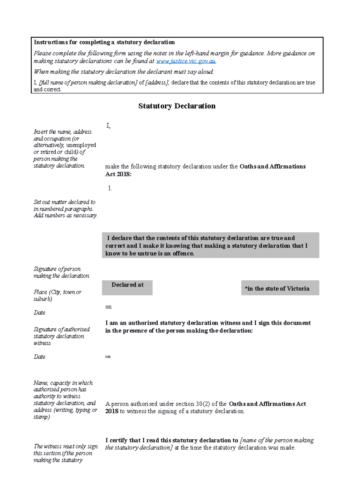 Statutory Declaration Form 0 26 Instructions For Completing A Statutory Declaration Please 2986