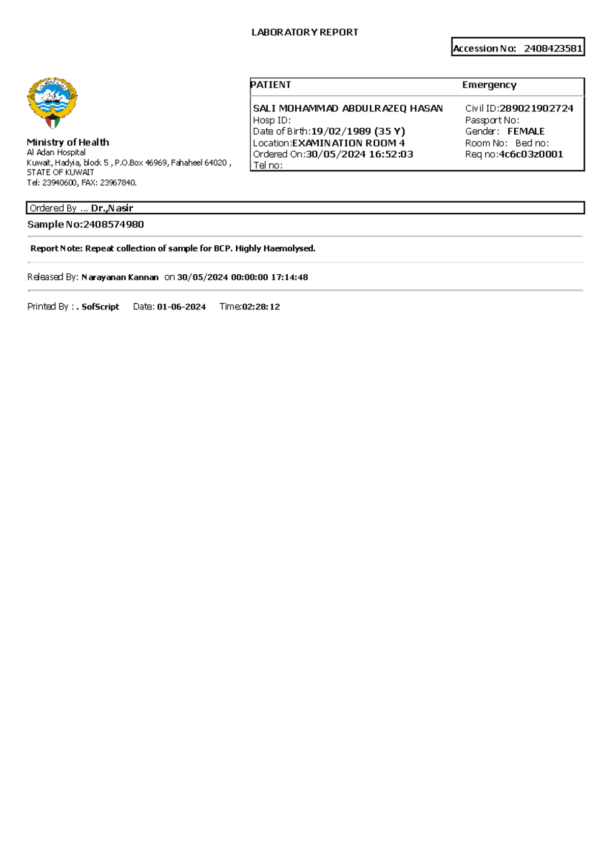 2408423581 - Hidjkdimmx - LABORATORY REPORT Accession No: 2408423581 ...