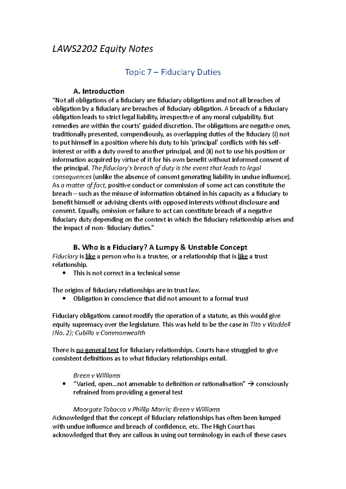 Equity 6. Fiduciary Duties LAWS2202 Equity Notes Topic 7 Fiduciary Duties A. Introduction