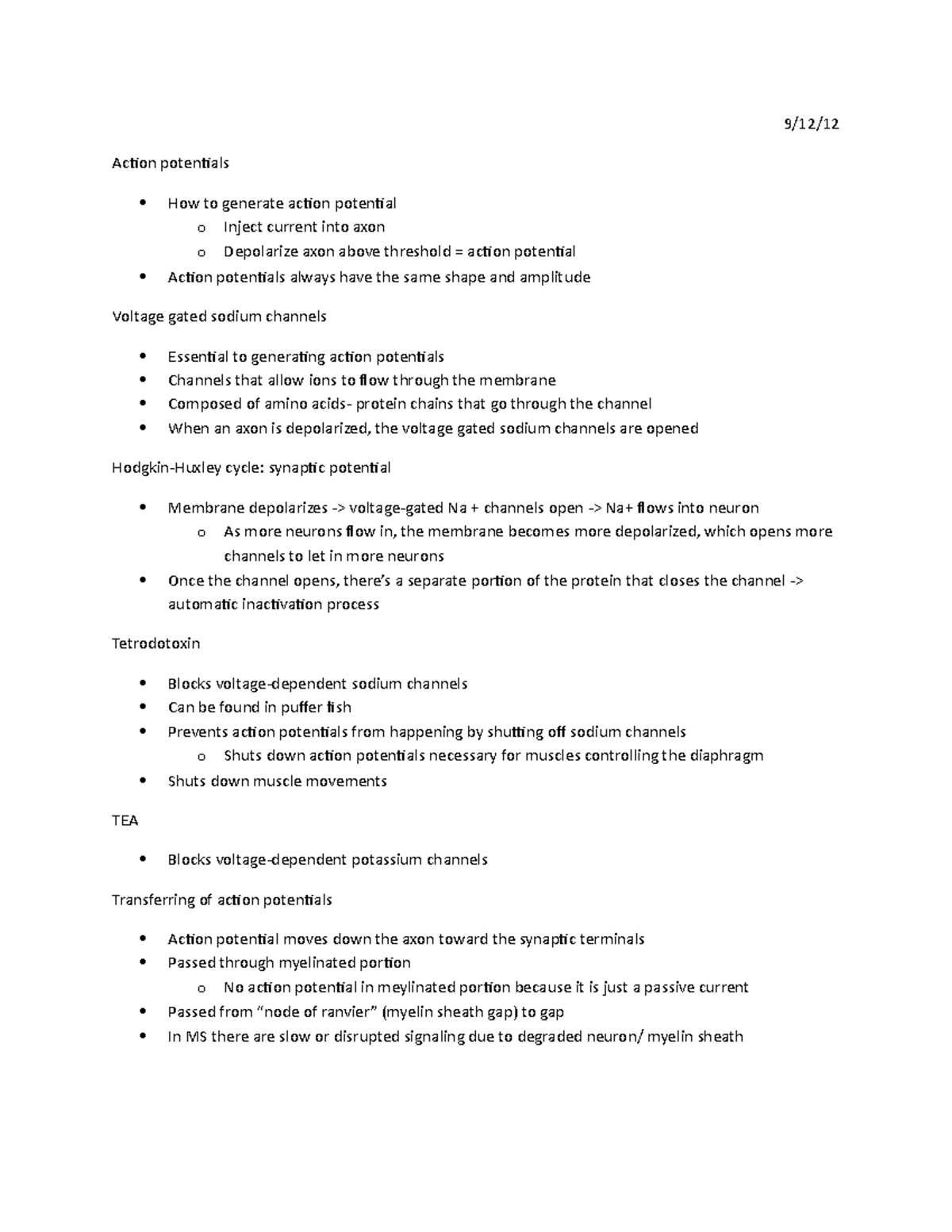 Action potentials - Lecture notes 1 - 9/12/ Action potentials How to ...