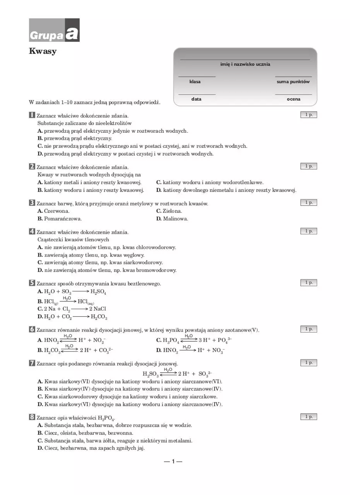 Sprawdzian Kwasy 2 Gimnazjum Grupa A I B