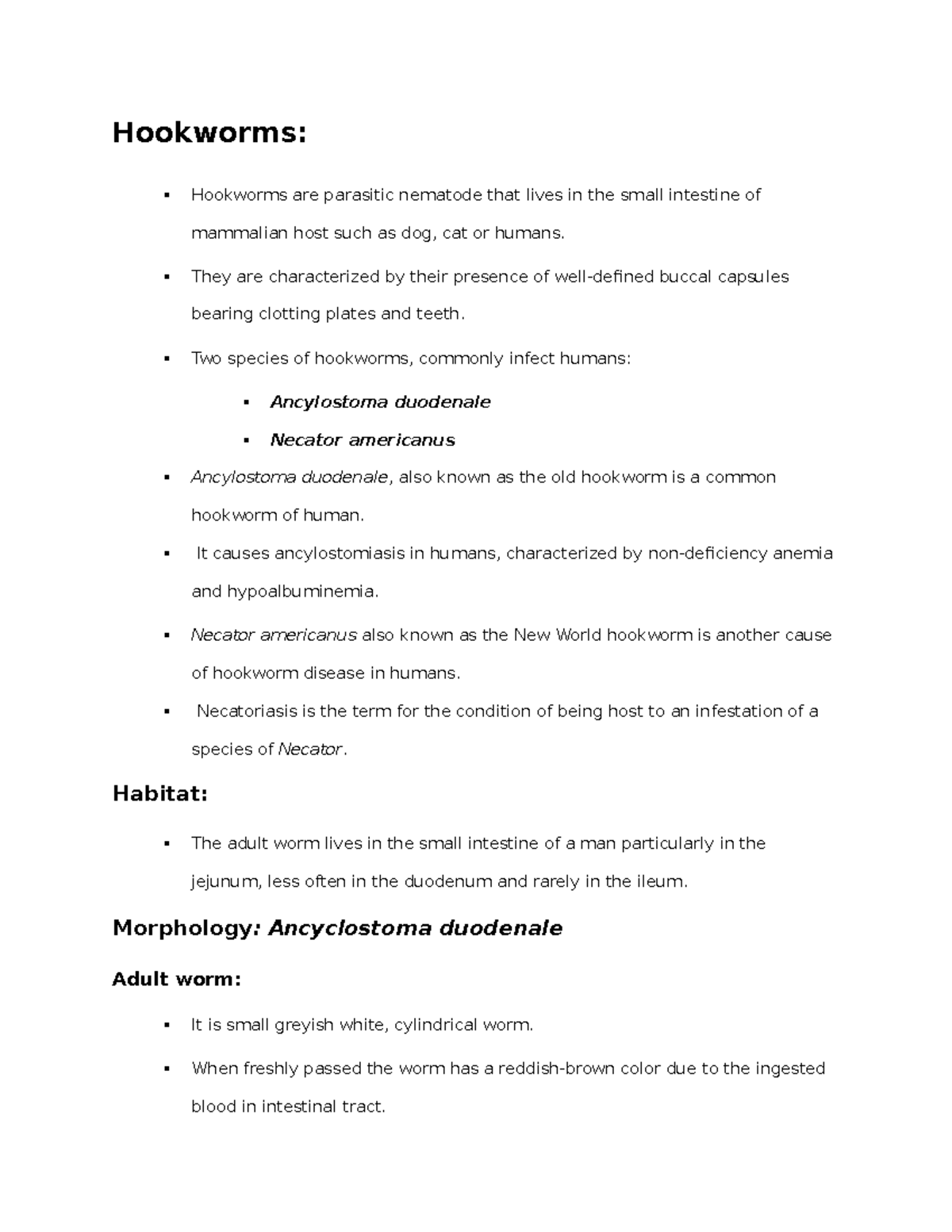 Biology Science 252 Hookworms Hookworms are parasitic nematode that
