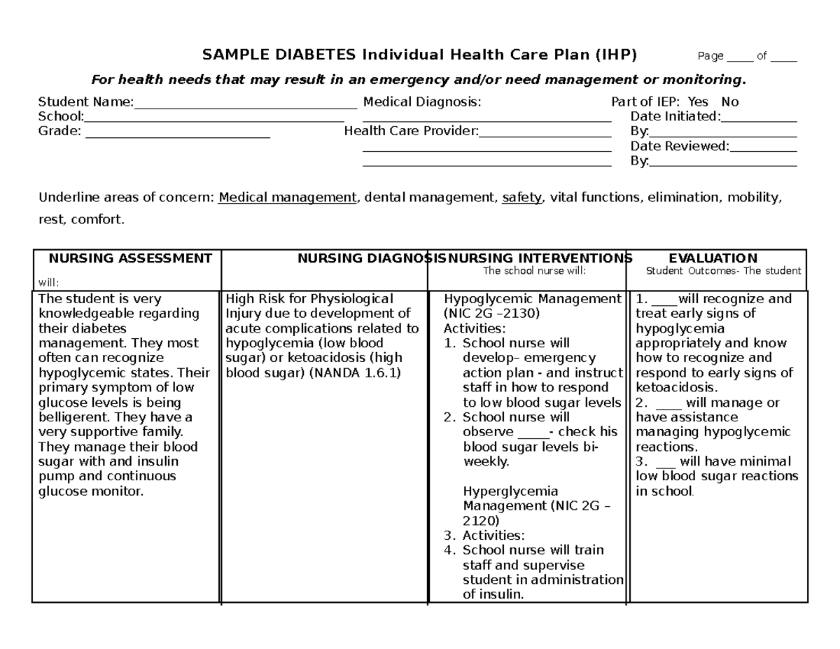 Diabetes Care Plan SAMPLE DIABETES Individual Health Care Plan (IHP