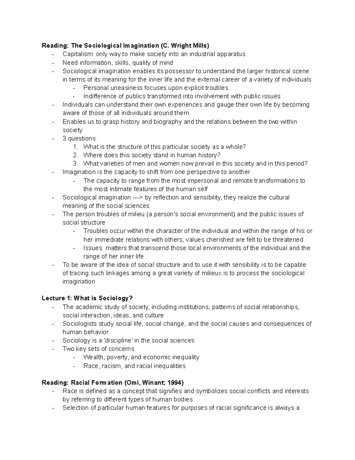 Soc 1 Midterm Study Guide - Reading: The Sociological Imagination (C ...
