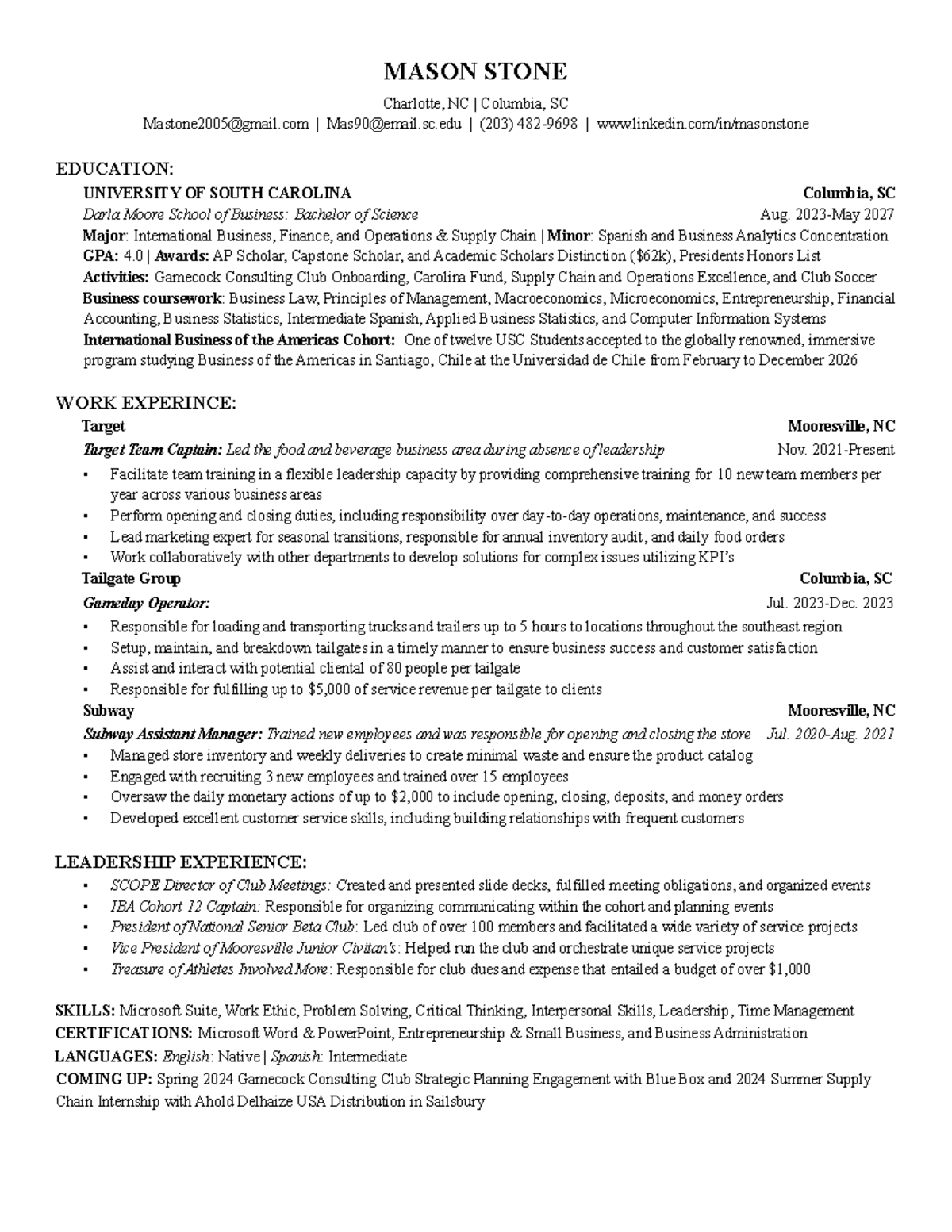 John Smith Resume - MASON STONE Charlotte, NC | Columbia, SC ...