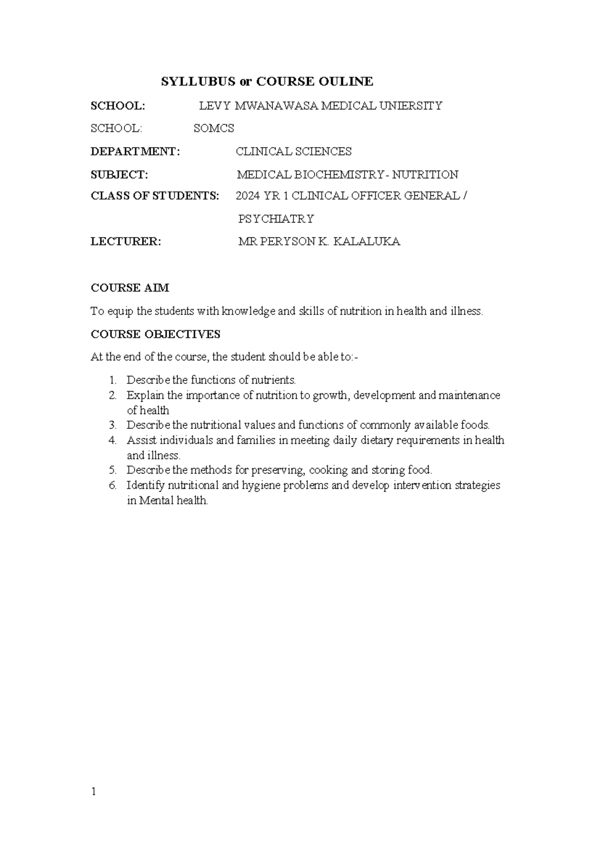COG COP Course Outline SYLLUBUS Or COURSE OULINE SCHOOL LEVY 