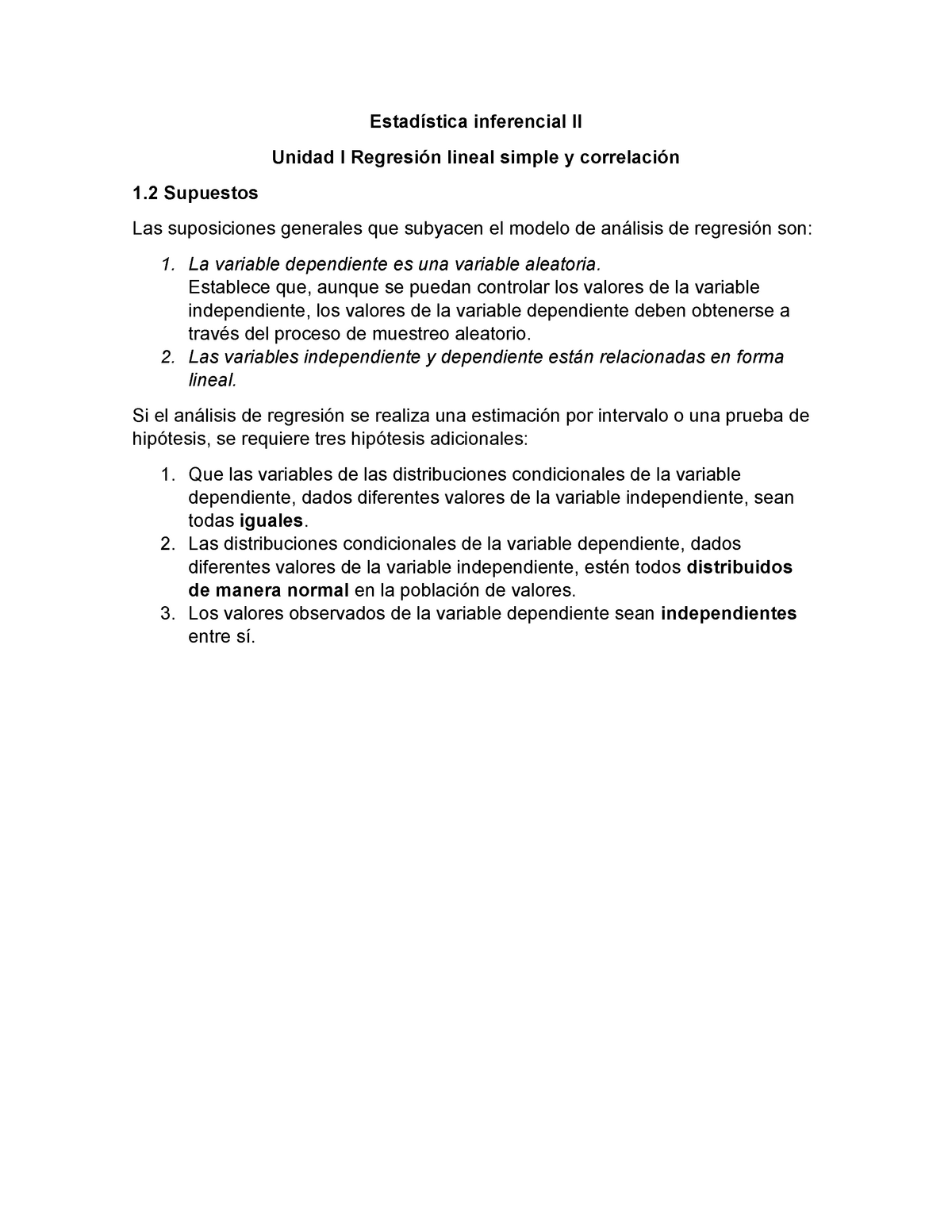  Supuestos - Estadística inferencial II Unidad I Regresión lineal simple  y correlación 1 - Studocu