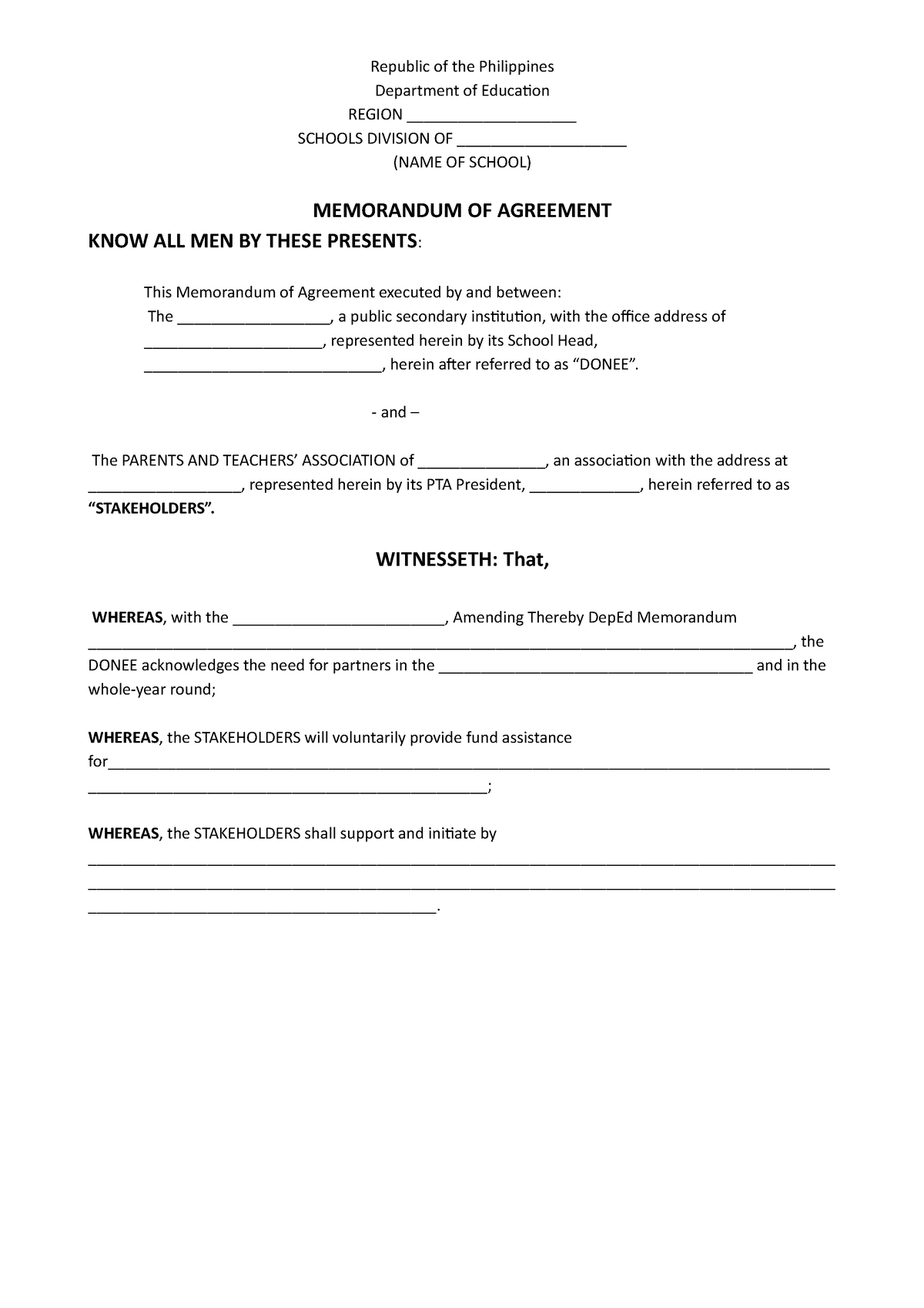 Memorandum Of Agreement Pta Republic Of The Philippines Department Of