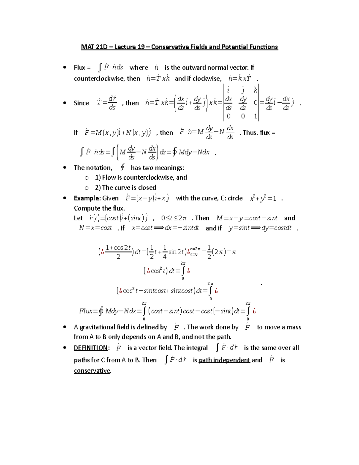 Mat 21d Lecture 19 Conservative Fields And Potential Functions Studocu