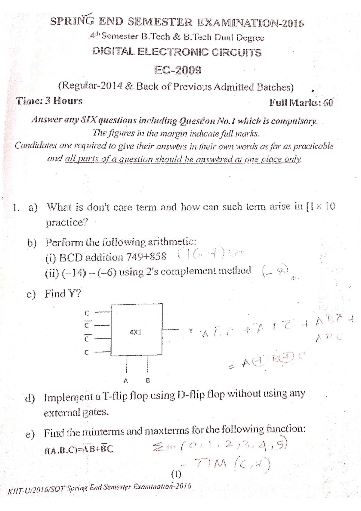 DEC Previous Year Mid Sem Paper 2016 - Digital Electronics Circuits ...