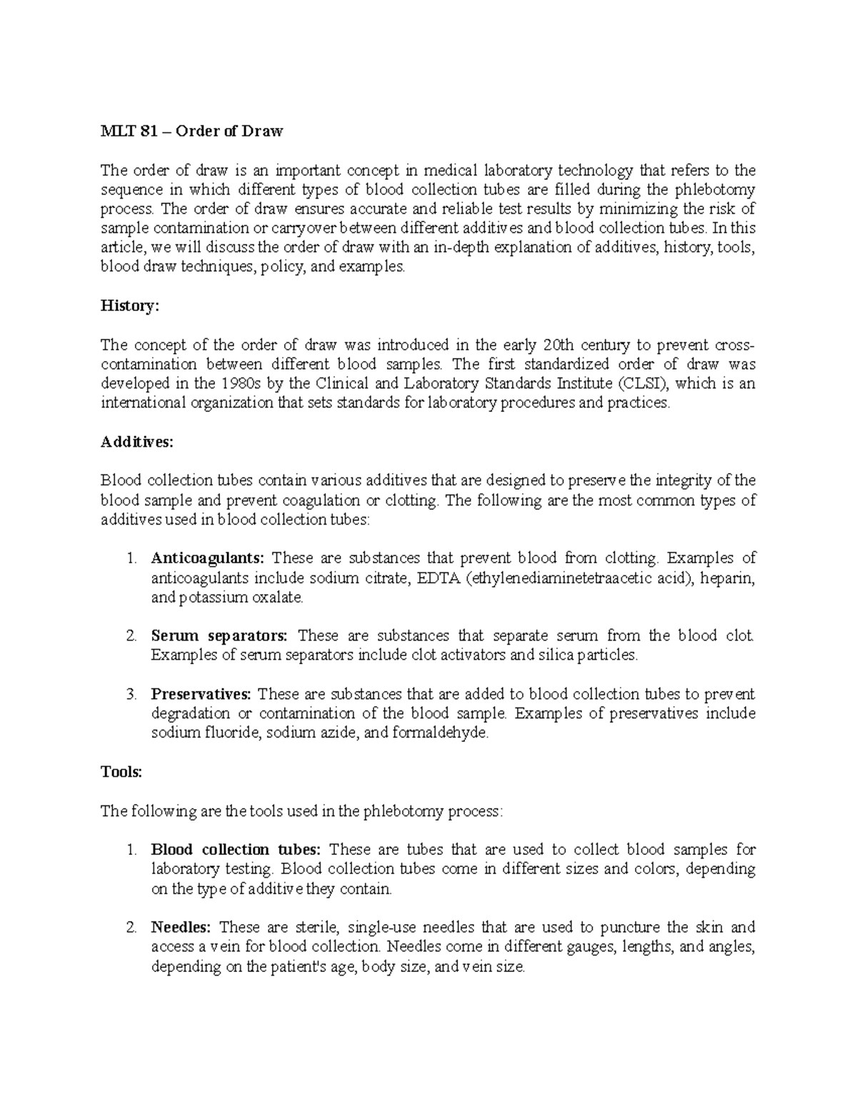 MLT 81 - Order of Draw - These lecture notes cover MLT 81, focusing on ...