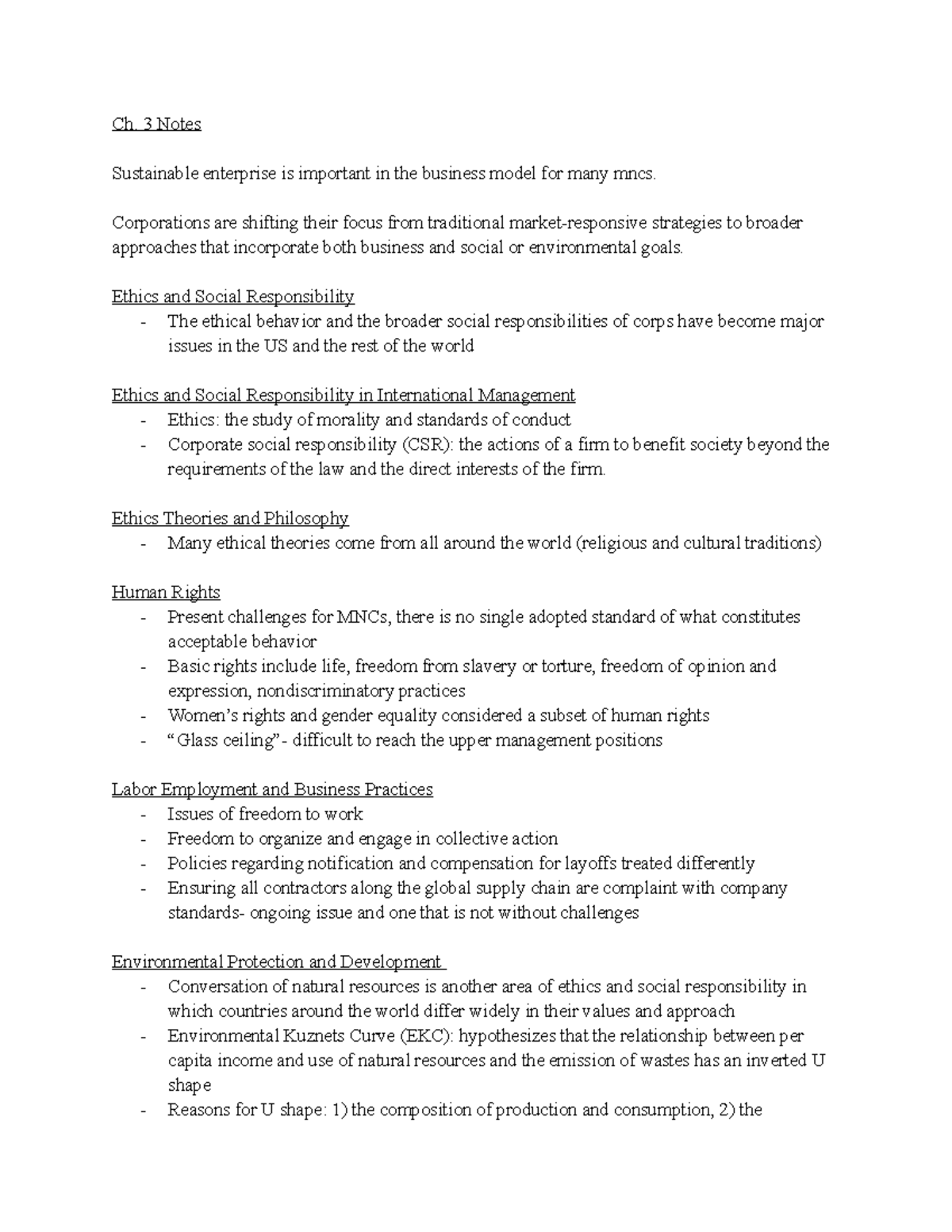 Ch 3 Notes (MGT) - Ch. 3 Notes Sustainable enterprise is important in ...