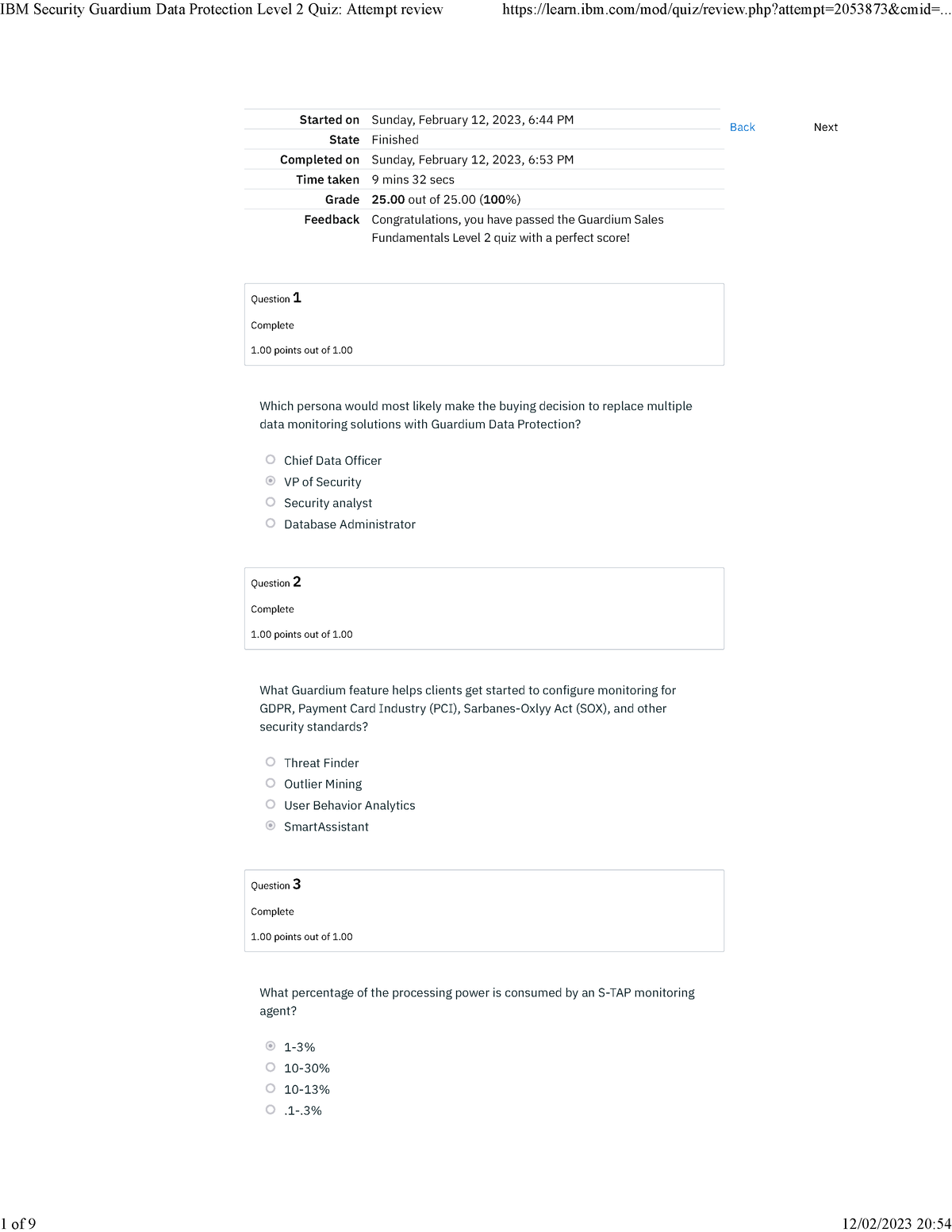 IBM Security Guardium Data Protection Level 2 Quiz Attempt review ...