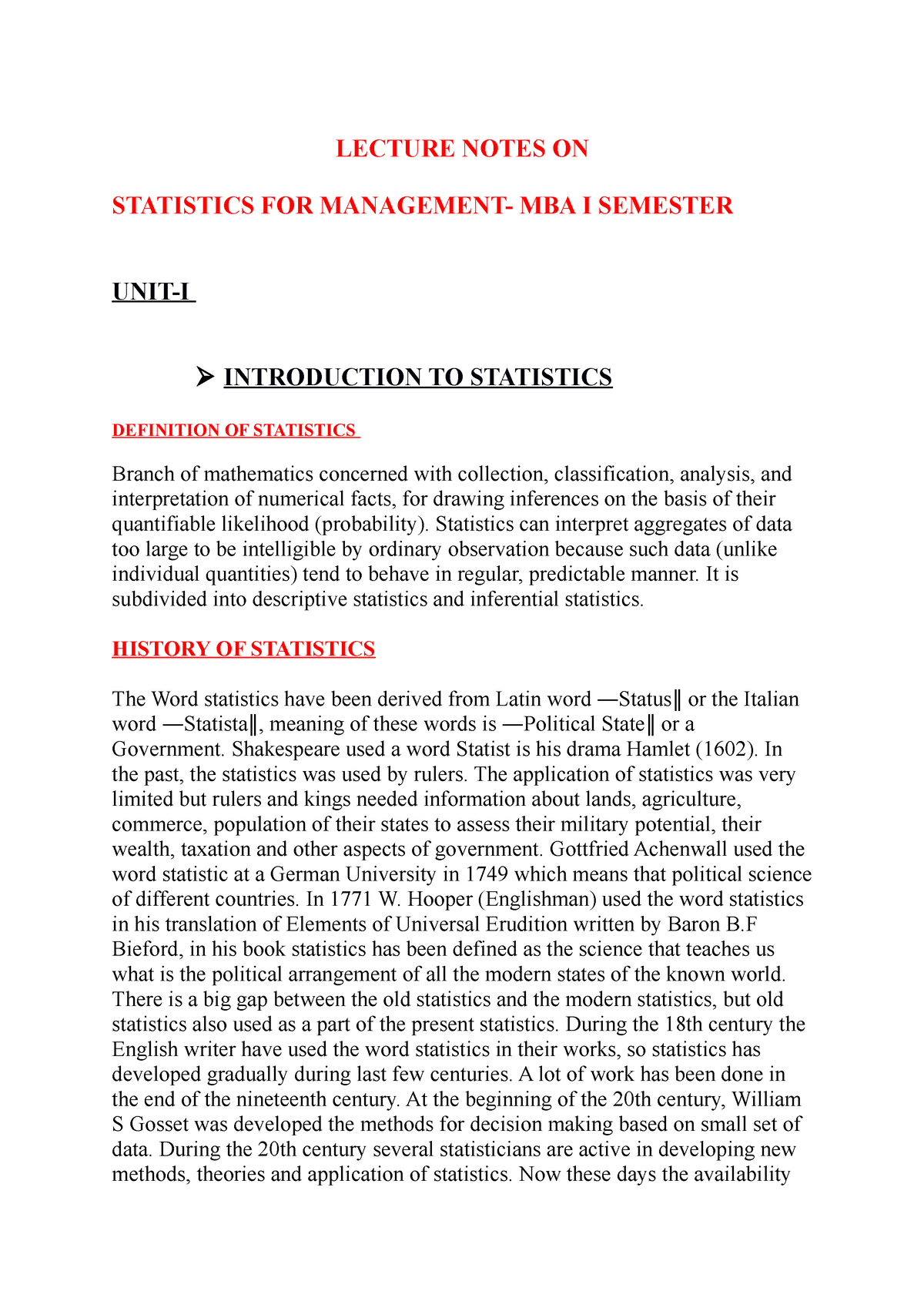 Introduction To Statistics - LECTURE NOTES ON STATISTICS FOR MANAGEMENT ...