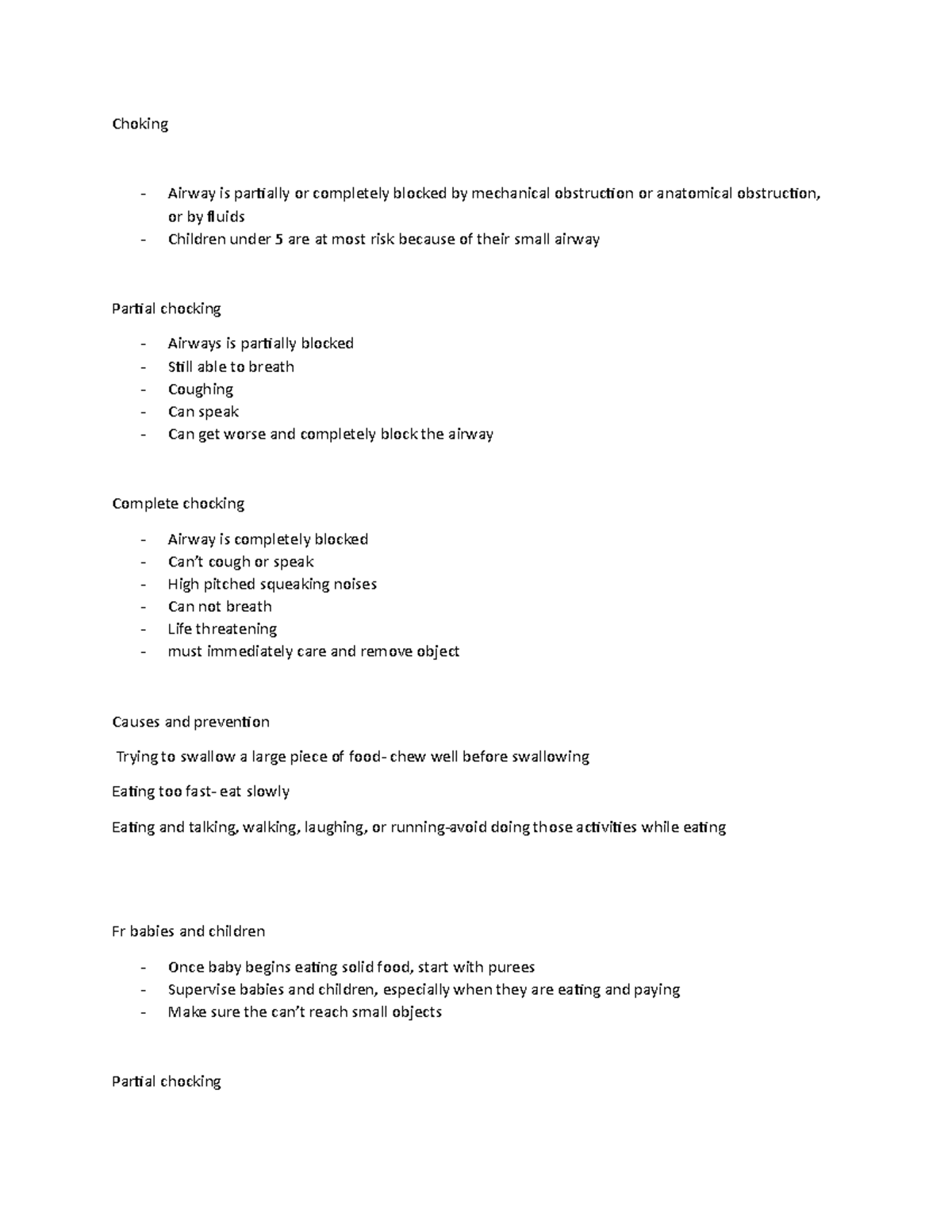 Responding to Choking Different types of chocking, how to know someone is chocking and what to
