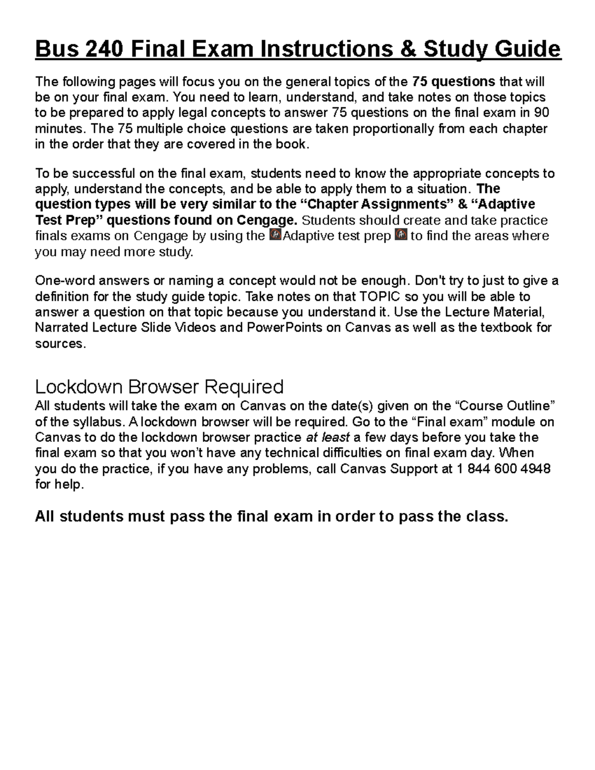 Final Exam Study Guide version 20 - Bus 240 Final Exam Instructions ...