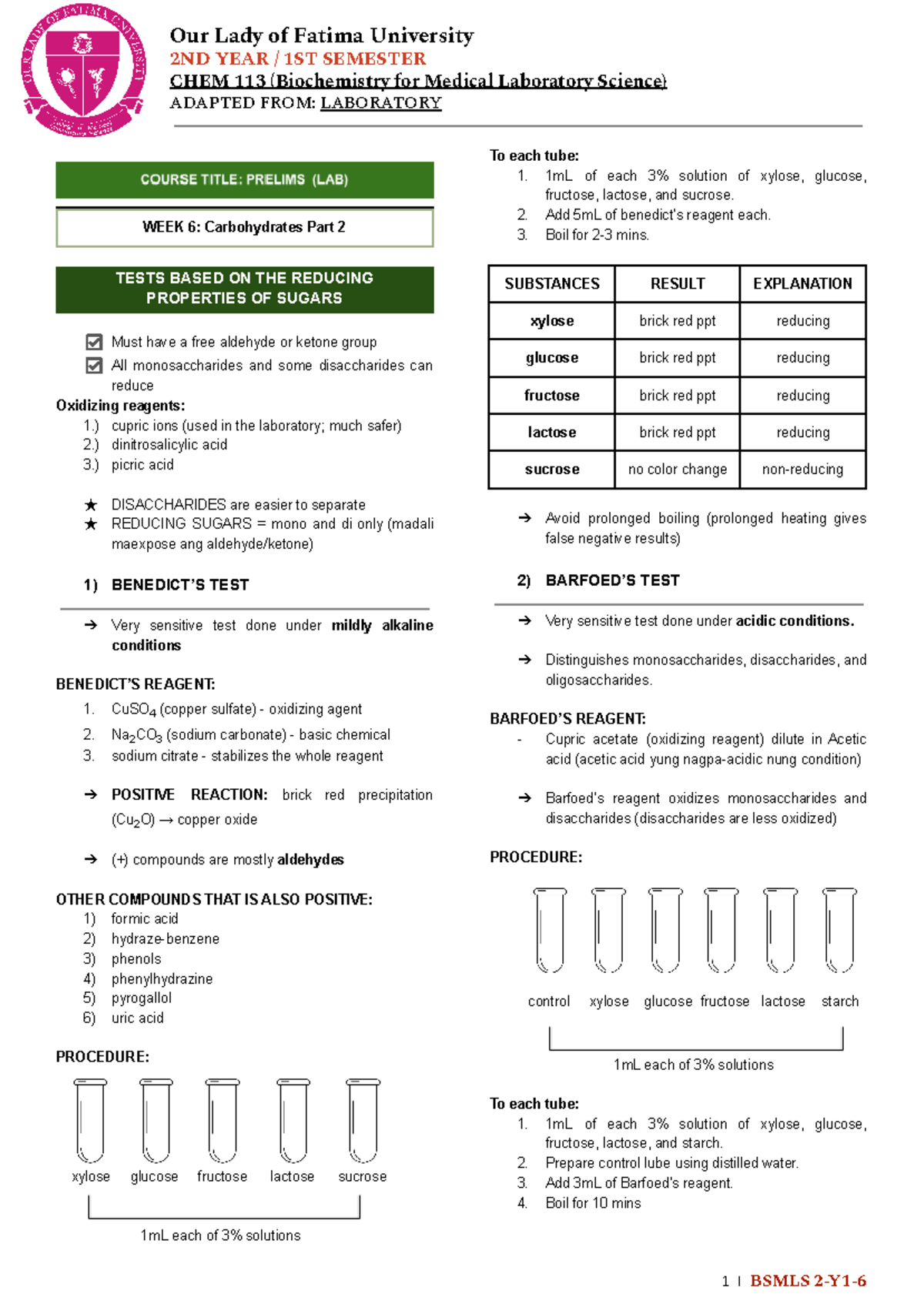 WEEK-6-Lab -Carbohydrates-Part-2 - Our Lady of Fatima University 2ND ...
