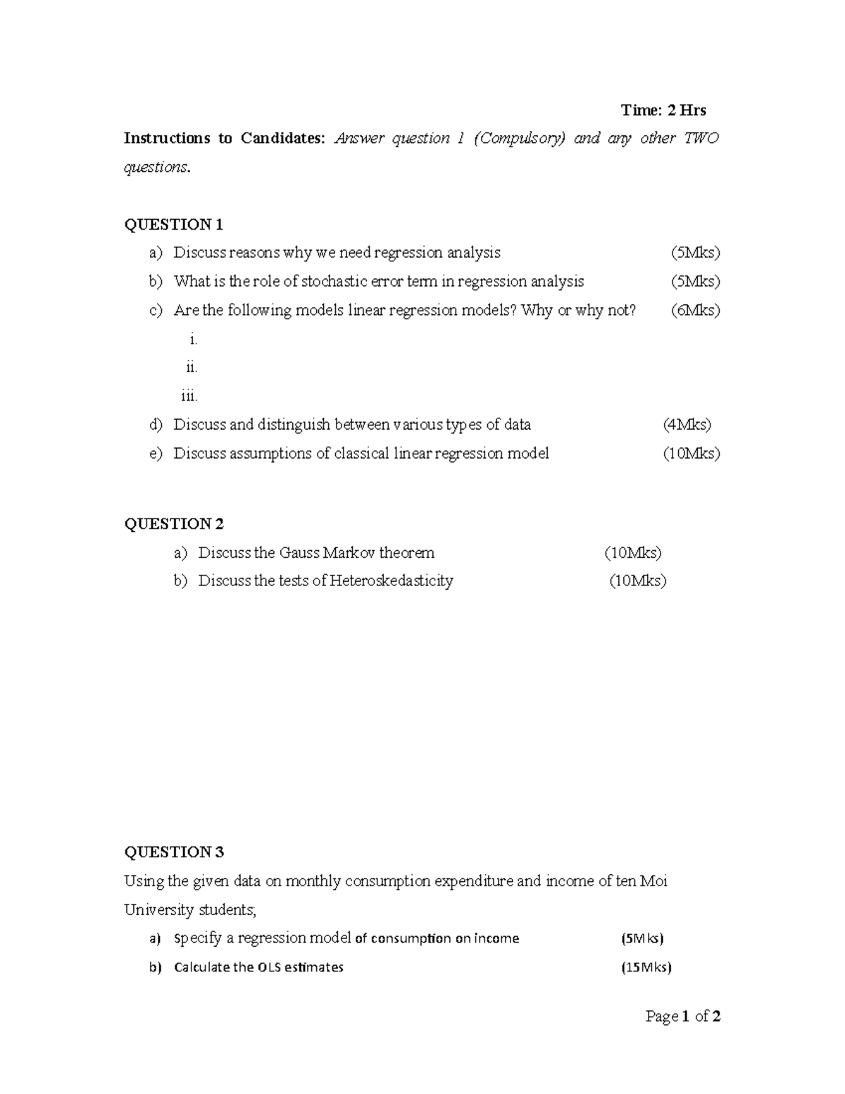 End Sem- SEP 2 - Econometrics Test Questions - Time: 2 Hrs Instructions ...