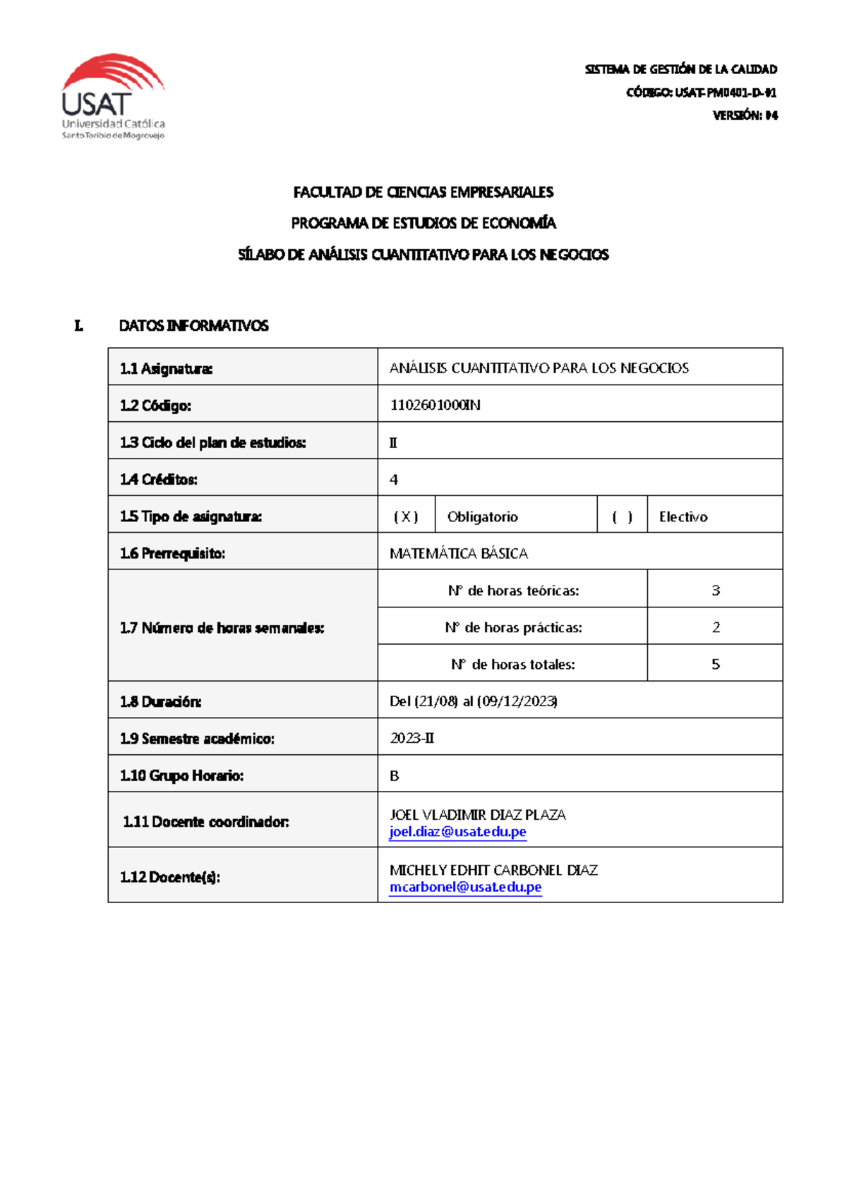 Silabo 2023-II Análisis Cuantitativo PARA LOS Negocios B - SISTEMA DE ...