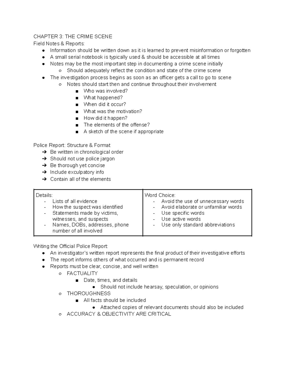 Criminal Investigaton CH 3 & 4 - CHAPTER 3: THE CRIME SCENE Field Notes ...