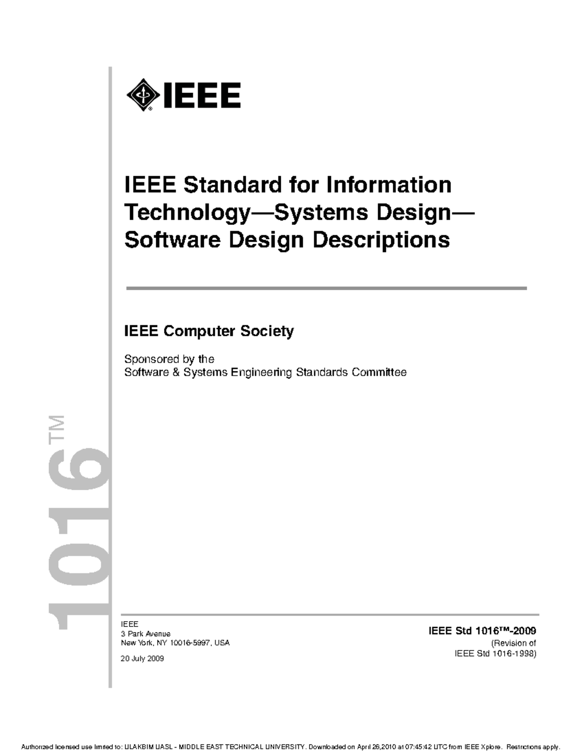 IEEE SDD Std 10162009 document about software design description