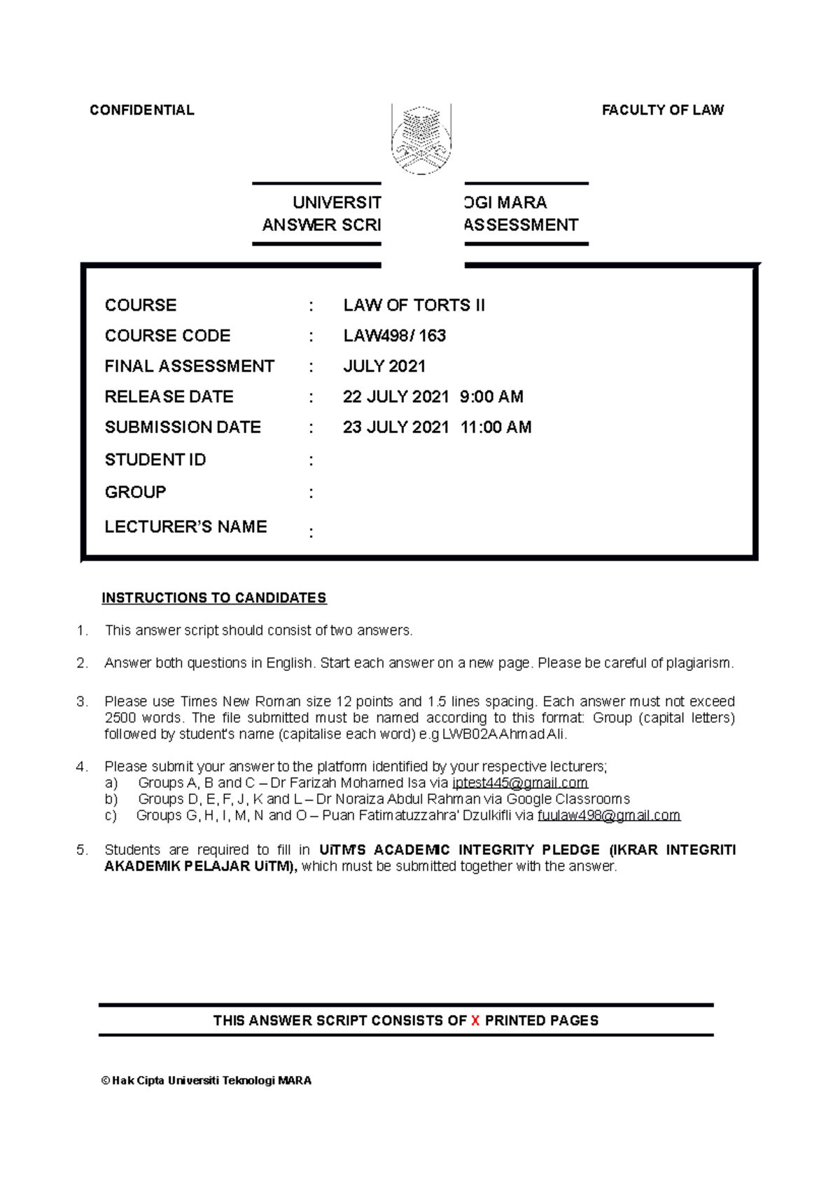 Answer Script LAW498 Final Assessment - CONFIDENTIAL FACULTY OF LAW ...